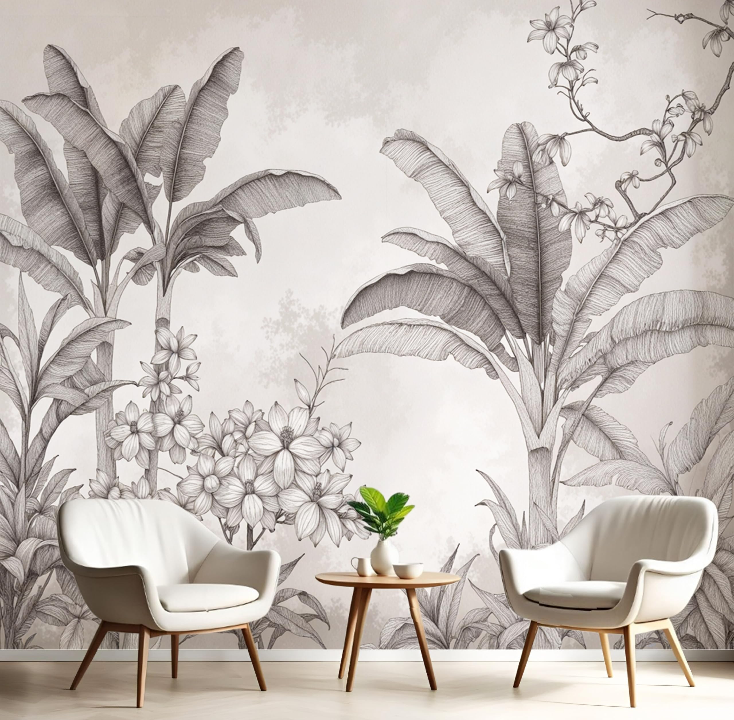 Papier peint en soie gris beige motif bananier 3D élégant pour salon
