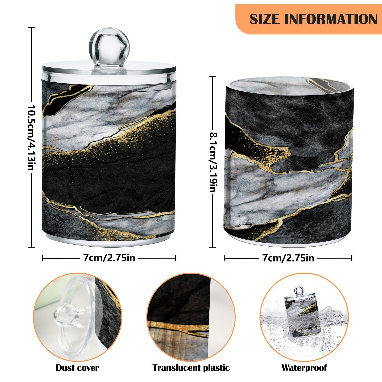 4 Pack Qtip Holder Organizer Dispenser Abstract Black White Gold Marble Bathroom Containers Bathroom Vanity Storage Canister Apothecary Jars for Cotton Swabs/Pads/Floss