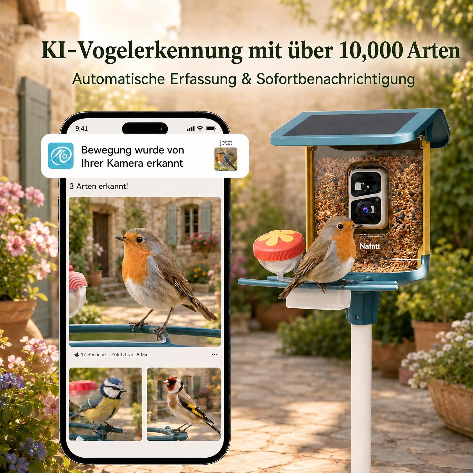2K Vogelhaus mit Kamera, solarbetrieben, KI identifiziert über 10.000 Vogelarten, 1.8L, IP65 wasserdicht, 2,4 GHz/5 GHz, Vogelbox-Kamera mit Vollfarb-Nachtsicht, Geschenk für Vogelliebhaber