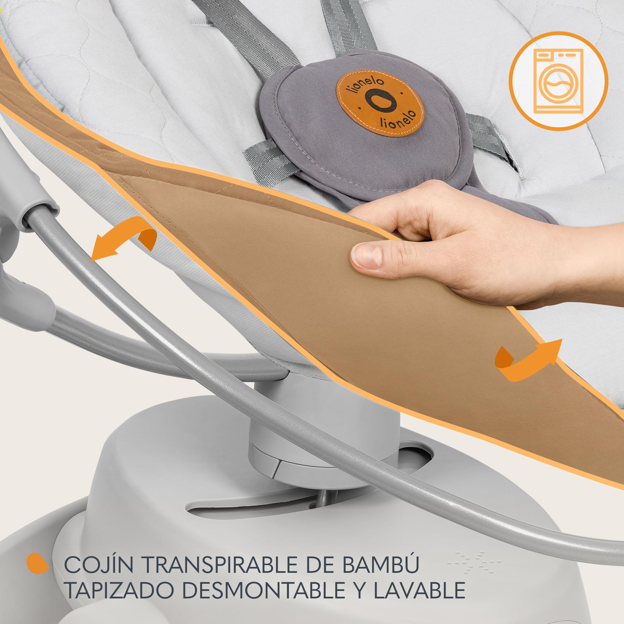 lionelo MELL Mecedora para Bebés 360° Ajustable con 5 Velocidades, Seguridad con Arnés 5 Puntos, 12 Melodías, Bluetooth, Hamaca Ergonómica con Almohada de Bambú, Silla Silenciosa y Lavable (Grey)