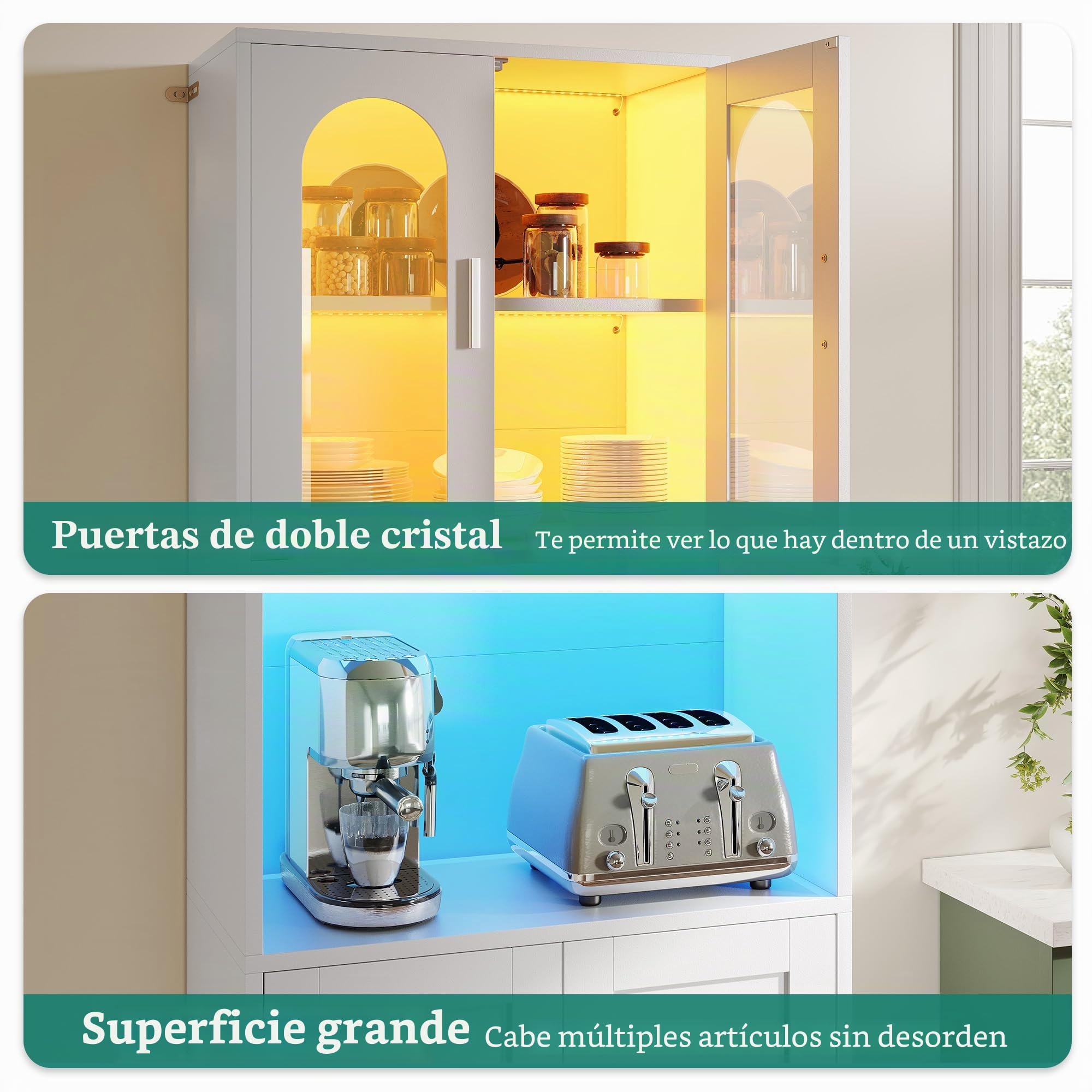 YITAHOME Estantería Alta estantería de Madera con Puertas de Armario, Moderna estantería con Zona de exposición, Mueble de almacenaje con iluminación para hogar, Oficina y salón, Blanco