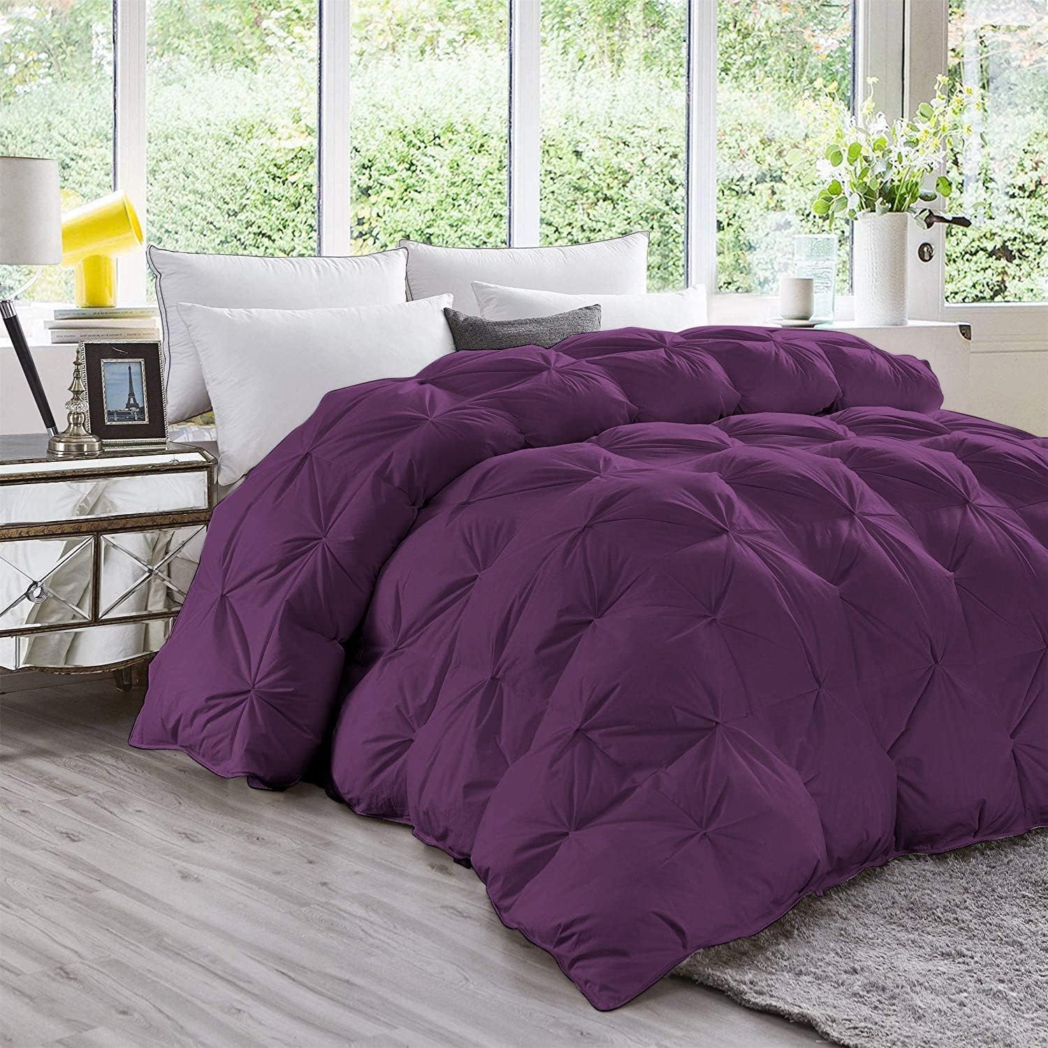 DNG Creations 5 Piece Luxury Pinch Pleated Comforter Set Premium Super Soft 400 GSM All Season Pintuck 1000 Thread Count 100% Egyptian Cotton Super Soft Oversized Super King Size Plum Color