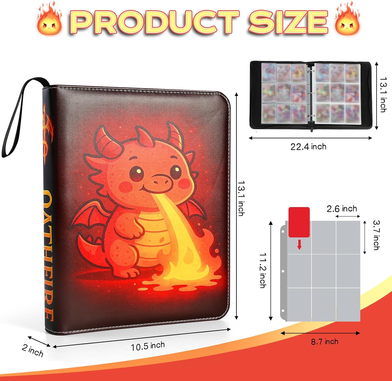 Trading Card Binder 9 Pocket with Zipper, Dragon Design PU Leather Album, Holds 900 Cards, Compatible with Pokemon TCG, MTG & Sports Cards