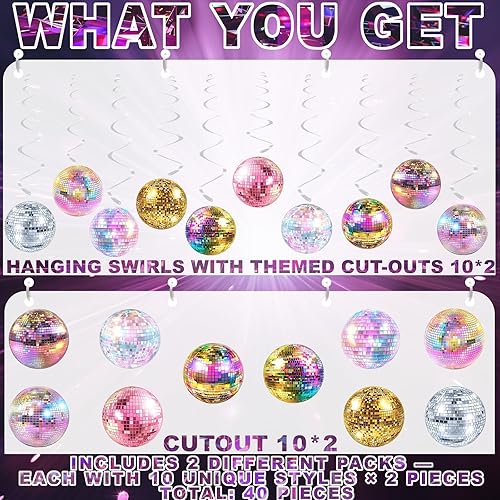 Miniatura 2 de Paquete de 40 decoraciones colgantes de discoteca  Decoraciones retro de cumpleaños de baile para niñas, suministros de fiesta de discoteca y