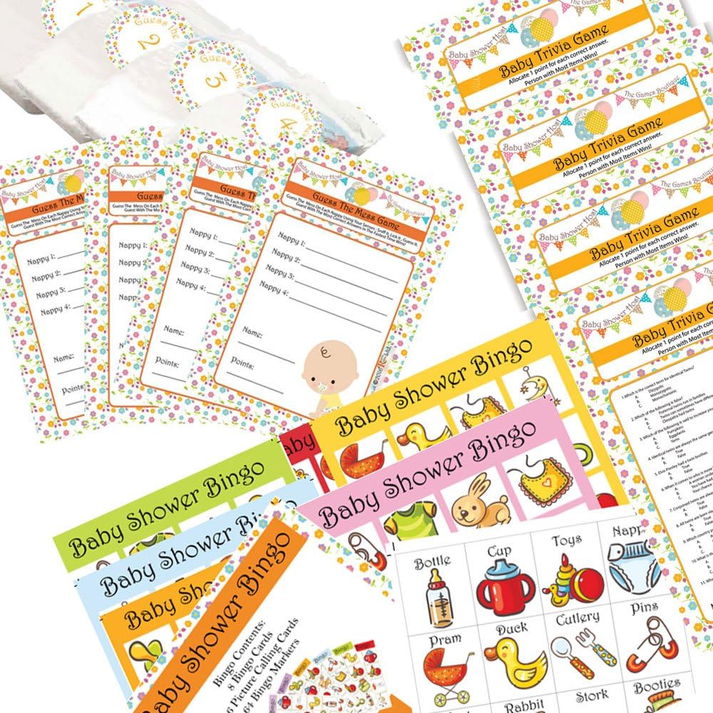 RUSTIC ROBIN RR Designs Baby Shower Games Pack 3 Games including Bingo, Dirty Nappy Game and Baby Shower Quiz Game Activity Pack For 16 guests
