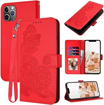 for iPhone 11 Pro Case Wallet Cute Floral Pattern Red