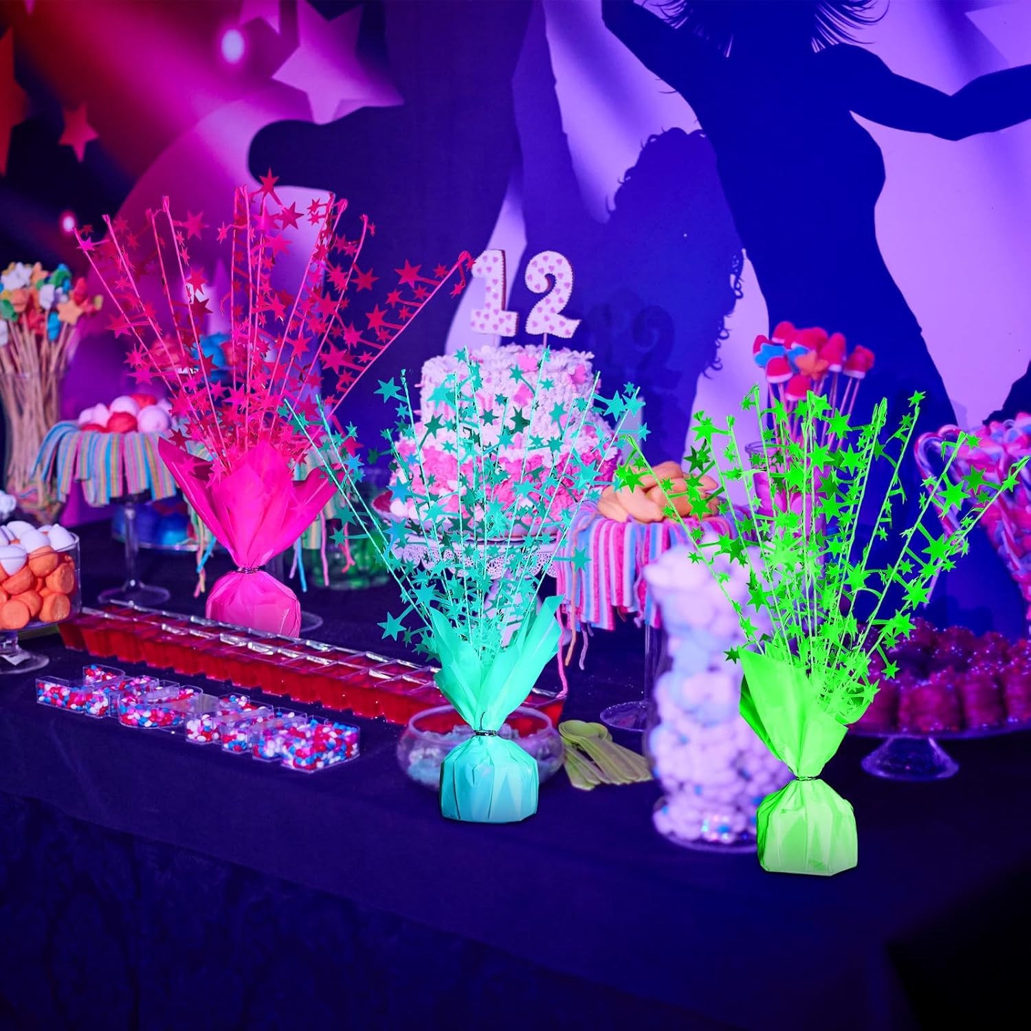 6 Pack Glow in The Dark Centerpieces Neon Birthday Party Decoration Metallic Foil Spray Star Tabletop Fluorescence Party Supply Under UV Light for Graduation Back to Classroom Birthday