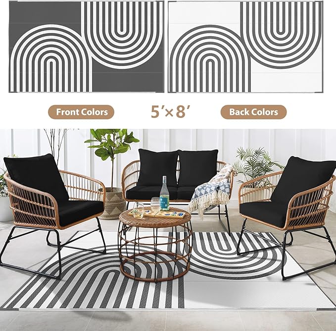 Enhance your outdoor space with the versatile KONYXALU waterproof plastic straw rug. Measuring 4x6 ft, this rug features a classic arch pattern that adds elegance to any setting, making it perfect for porches, decks, and balconies. Its portable and reversible design allows you to easily switch between classic black or white, customizing your outdoor space to your liking.