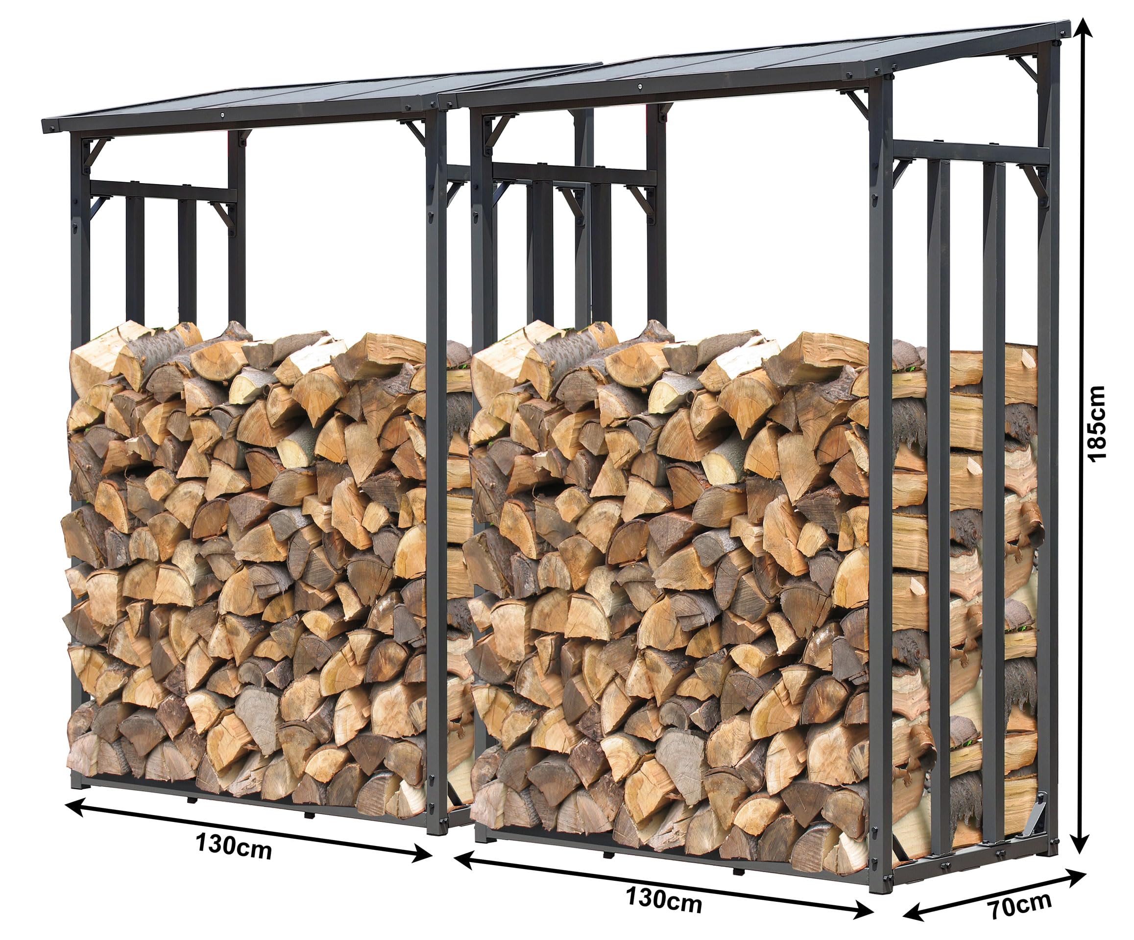 QUICK STAR 2 pièces Étagère en métal pour Bois de cheminée Anthracite 130 x 70 x 185 cm Distance Entre Les Bois 3,2 m³ avec protection contre les intempéries Noir