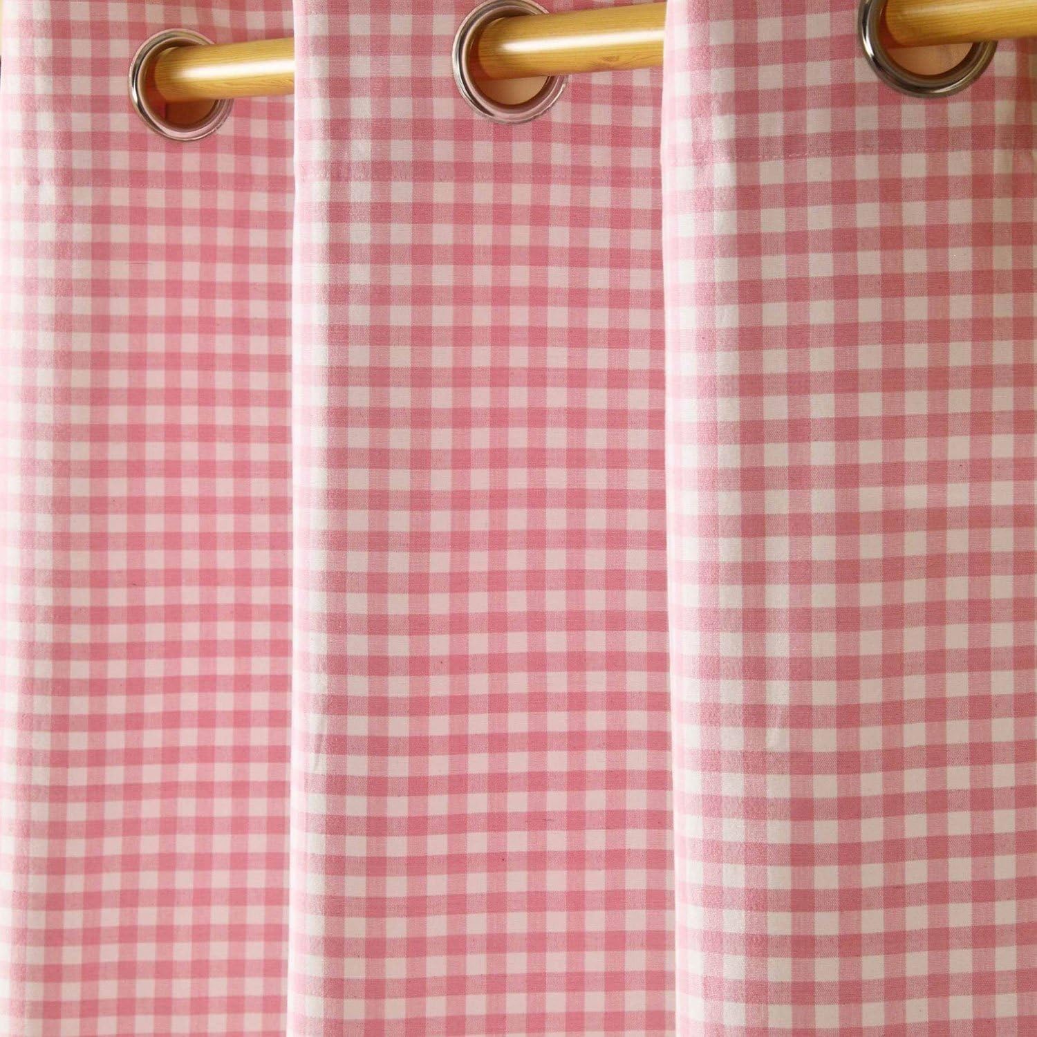 HOMESCAPES Pink Gingham Check Eyelet Curtain Pair 100% Cotton 117cm (46”) Wide x 137cm (54”) Drop, W 46.1" x L 53.9" (2 Panels) - Image 4