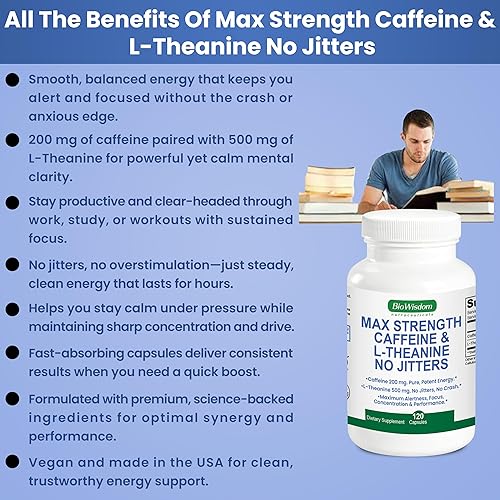 Miniatura 9 de Max Strength Caffeine L Theanine Pills No Jitters Peak Energy Focus Alerta de desempeño Píldoras de cafeína de 200 mg y 500 mg de L-teanina Cápsulas