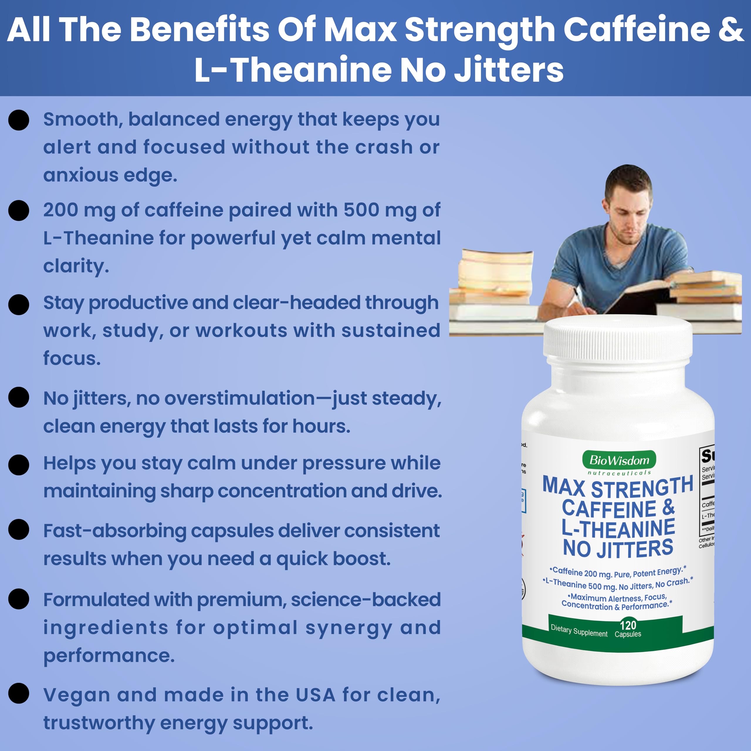 Max Strength Caffeine L Theanine Pills (200mg/500mg) - No Jitters Peak Energy, Focus, Performance, Alertness - Caffeine Pills & L-Theanine Capsules, No Crash & Drowsiness, Potent Supplement, 60 Count — Amazon image 9