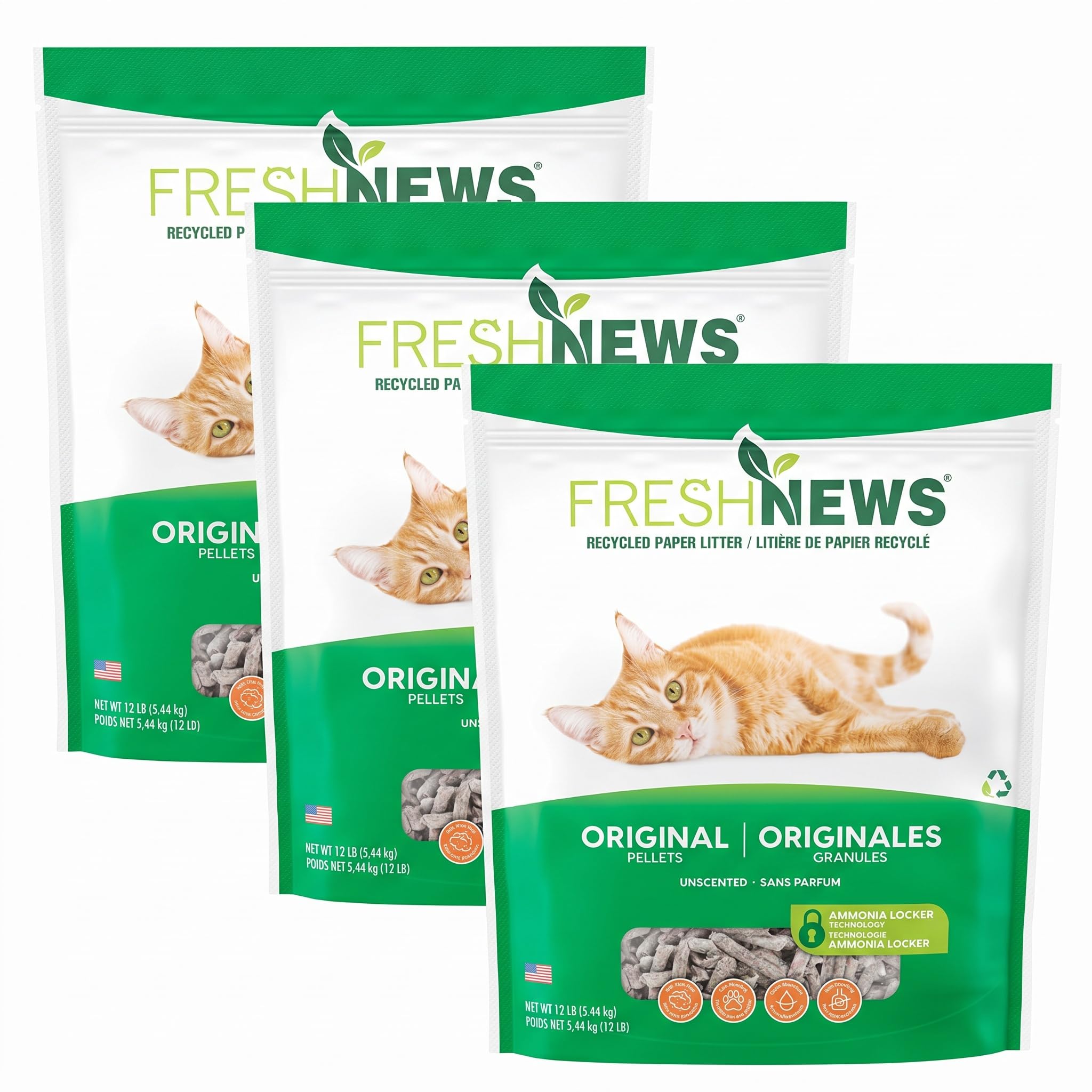 Fresh News Recycled Paper Original Pellet Cat Litter, 12 Pound, Non-Clumping, Unscented, Made in USA (Pack of 3)