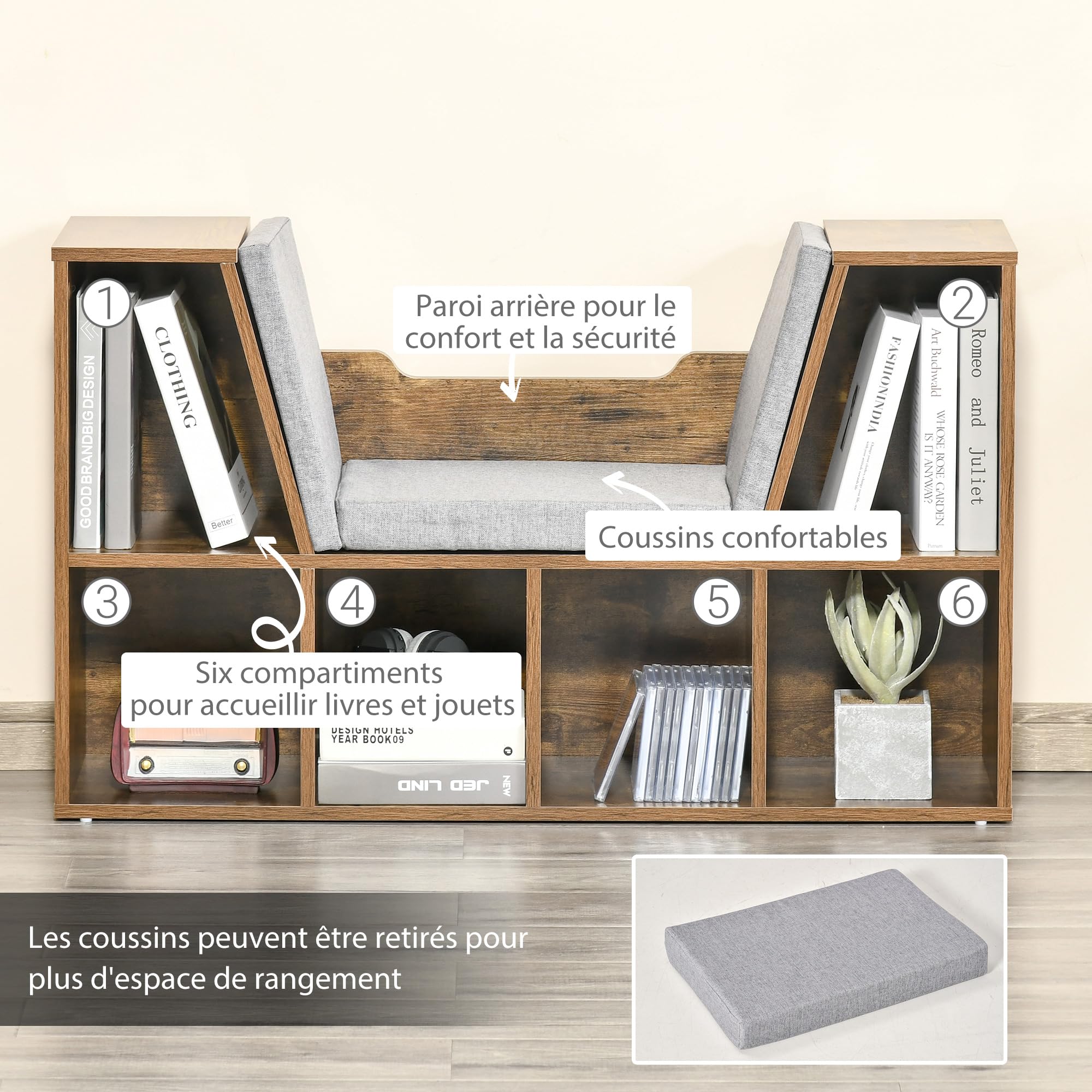 HOMCOM - Biblioteca banco 2 en 1 cojines de asiento (102 x 30 x 61 cm), color marrón | Estantería Cube, 6 Compartimentos Abiertos, 2 Niveles, Mueble de Almacenamiento, Salón, Dormitorio, Oficina