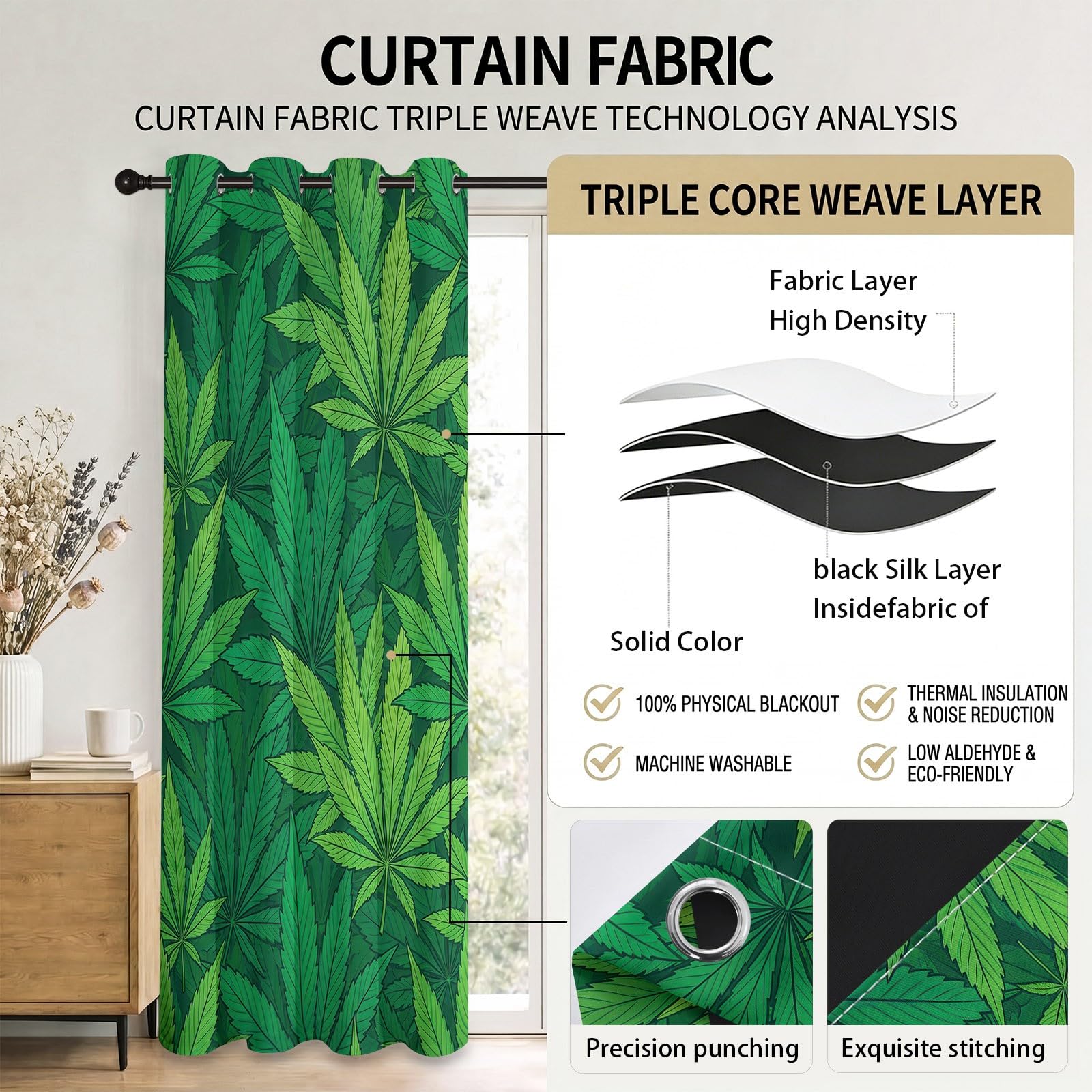 Générique Rideaux pour Enfants 110L X 215H cm (2 Panneaux), Rideaux Isolant Thermique Motif Plante Naturelle, Décoration de Feuille pour Chambre d'enfant Garçon Adolescent Salon Fenetre, Vert