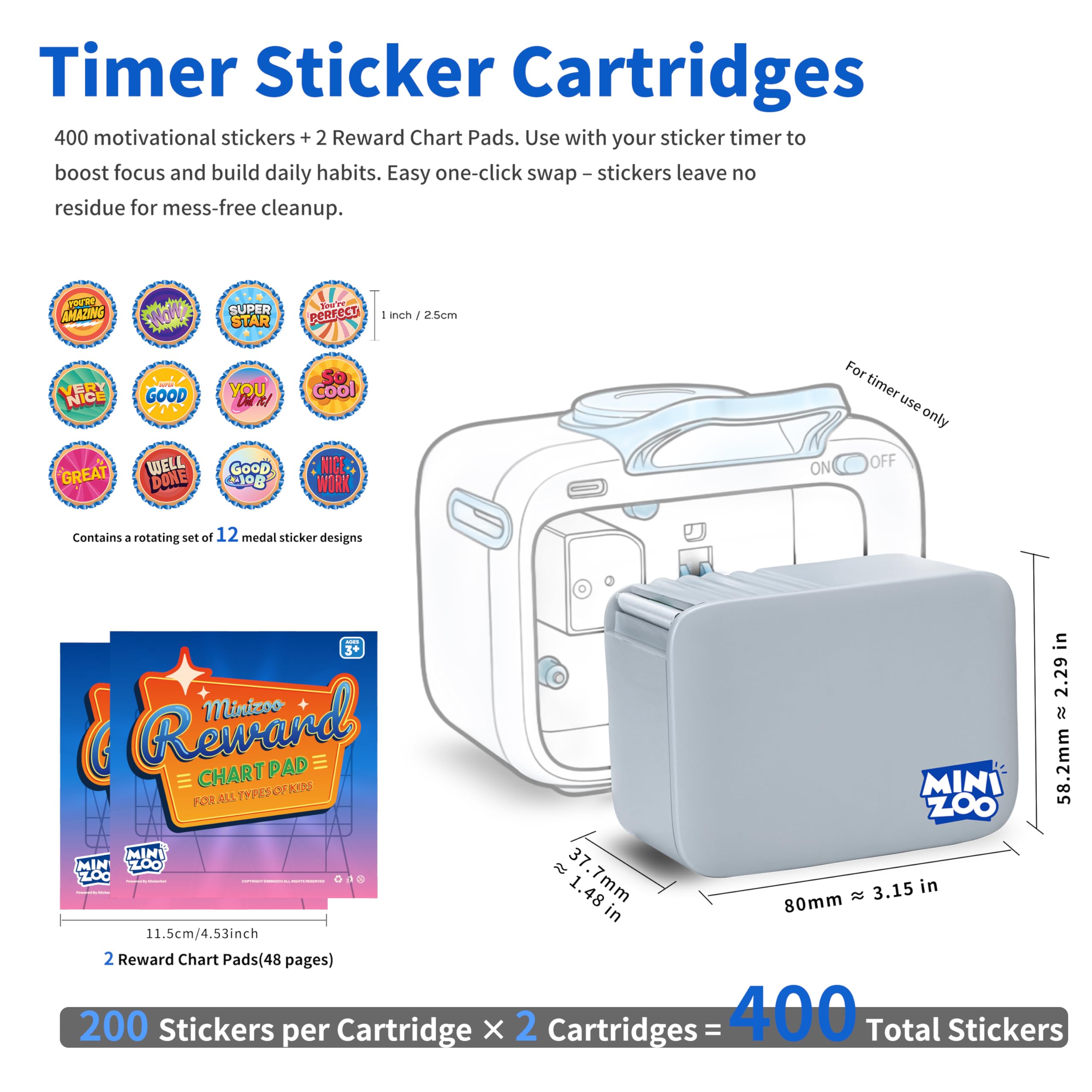 Kit de recambio para temporizador de calcomanías Minizoo con 2 cartuchos con 400 calcomanías y 2 blocs de tabla de recompensas, 400 calcomanías de medalla y 48 páginas para enfoque de TDAH