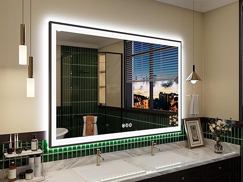 Vista 128 de 88x38 Large Light Bathroom Mirror - Backlit and Front Lighted LED Wall-Mounted Vanity Mirror Modern Rectangle Black Mirror, Dimmable, Anti-Fog