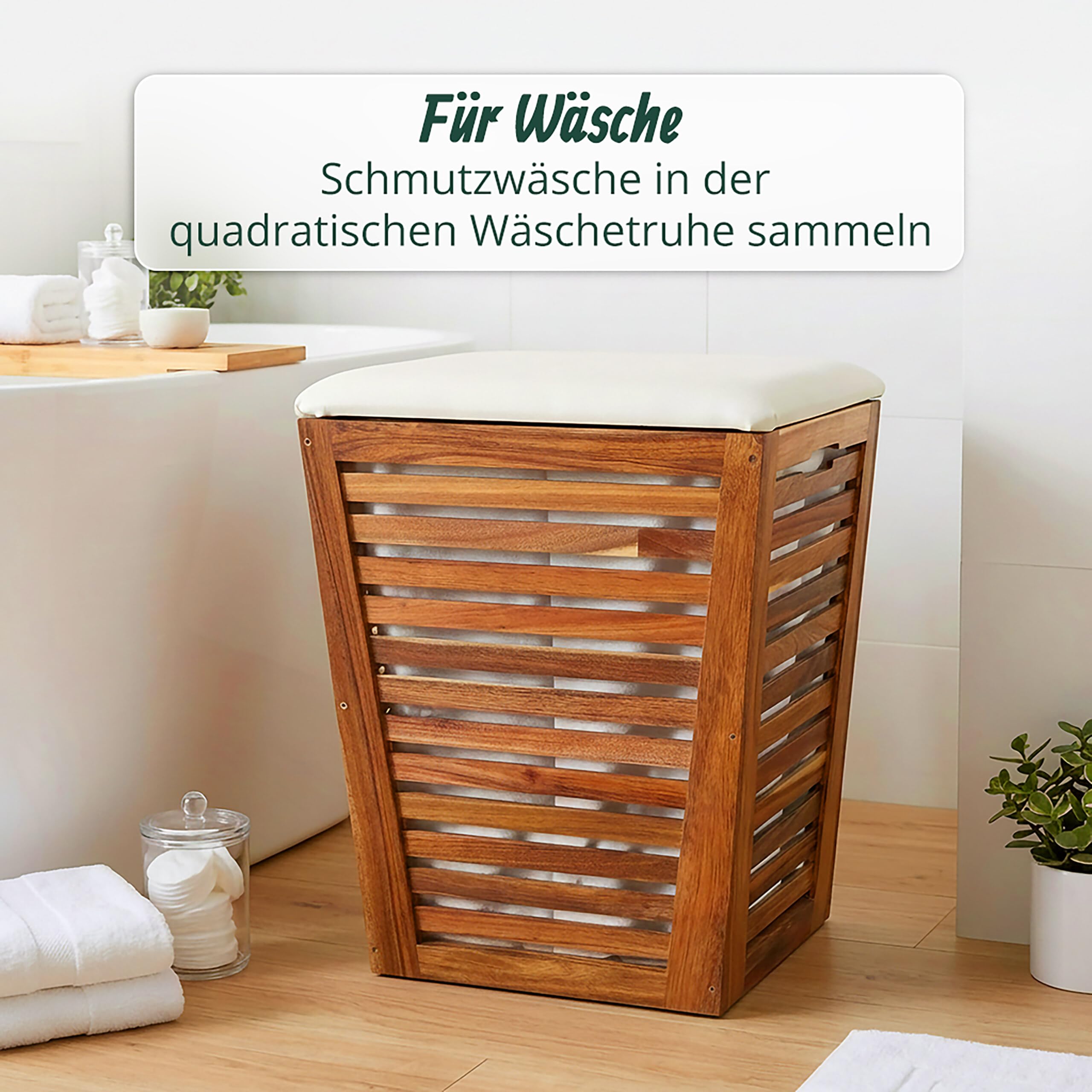 Relaxdays Wäschekorb mit Sitz, Badbank mit Stauraum, 50 l Wäschesammler, HBT 56x40x40 cm, Akazienholz, Stoff, braun/weiß