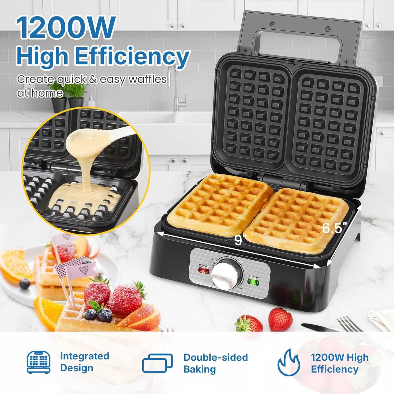 2 Slices Belgian Waffle Maker, Electric Waffle Machine with Adjustable Browning Control, Stainless Steel Waffle Iron with Nonstick Plates Easy Cleanup, Breakfast Maker for Families, Silver