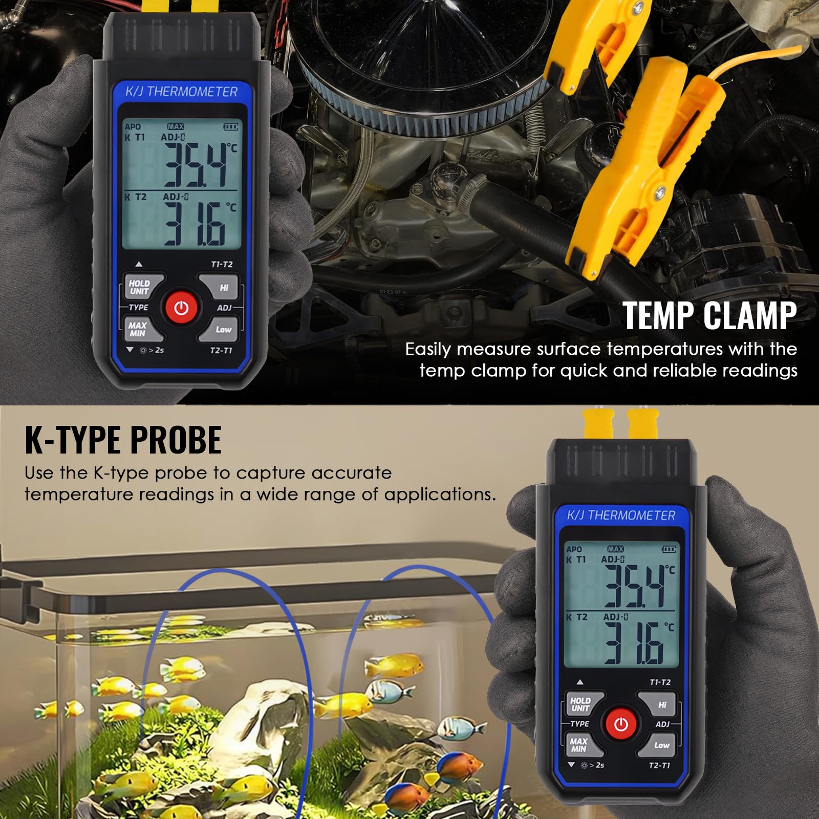 Dual-Channel K/J-Thermometer mit 4 Sonden & 2 Rohrschellen – -200°C bis 1372°C (-328°F bis 2501°F), Alarm, Hintergrundbeleuchtung – Temperaturmessgerät für HVAC-Werkzeuge, Industriethermometer