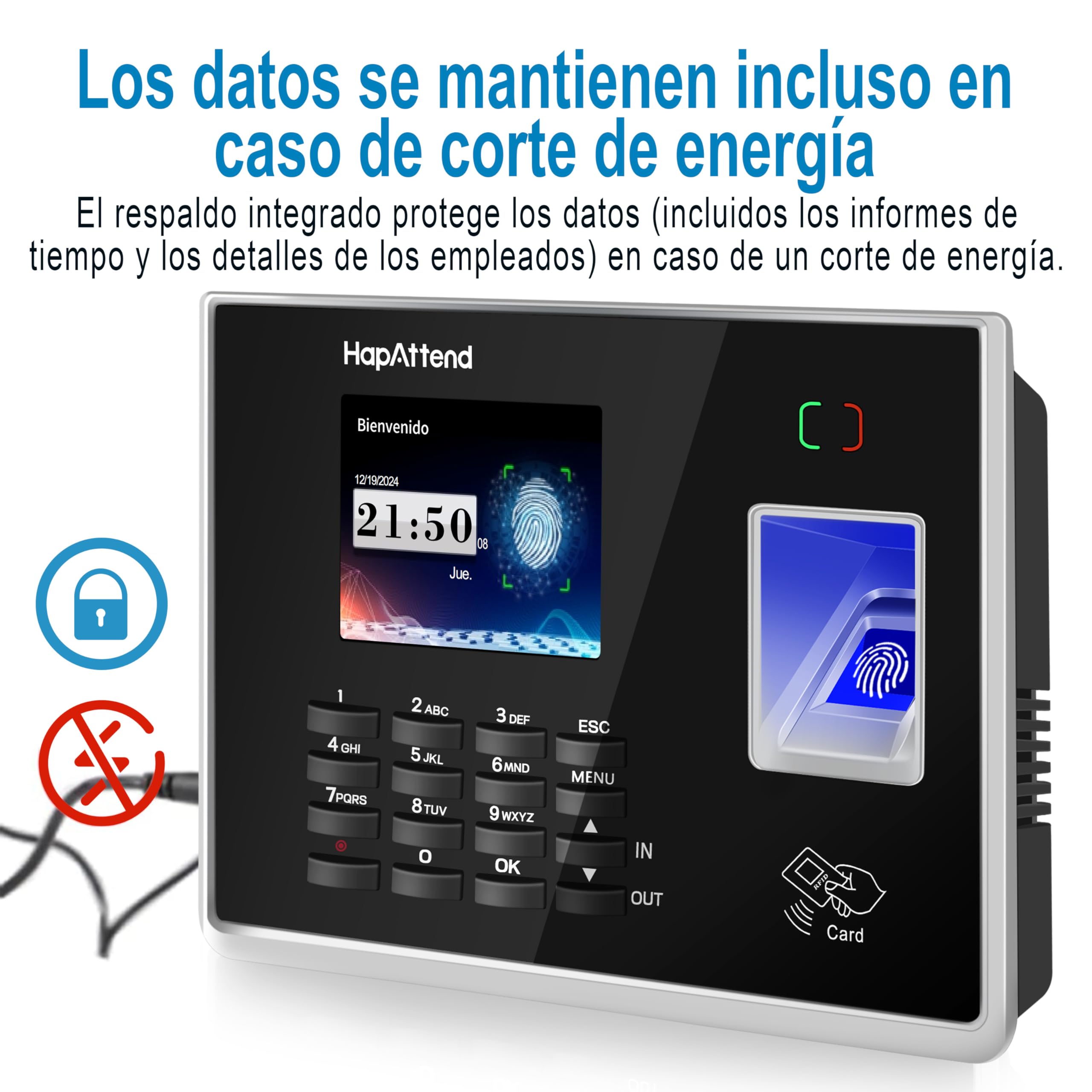 Control Horario Empleados, Español Maquina de Fichar con Huella Dactilar, RFID Tarjetas, Reloj de fichar de hasta 1000 usuarios Sin Conexión Internet Registro de Tiempo para pequeñas - H2