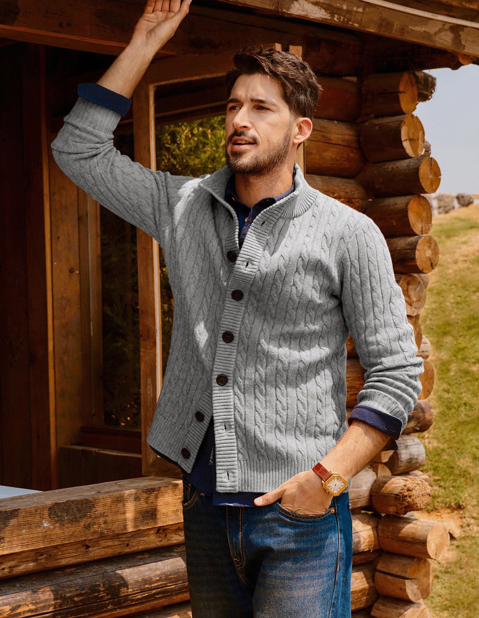 PJ PAUL JONES Chaqueta de punto hombre cuello alto cárdigan patrón trenzado