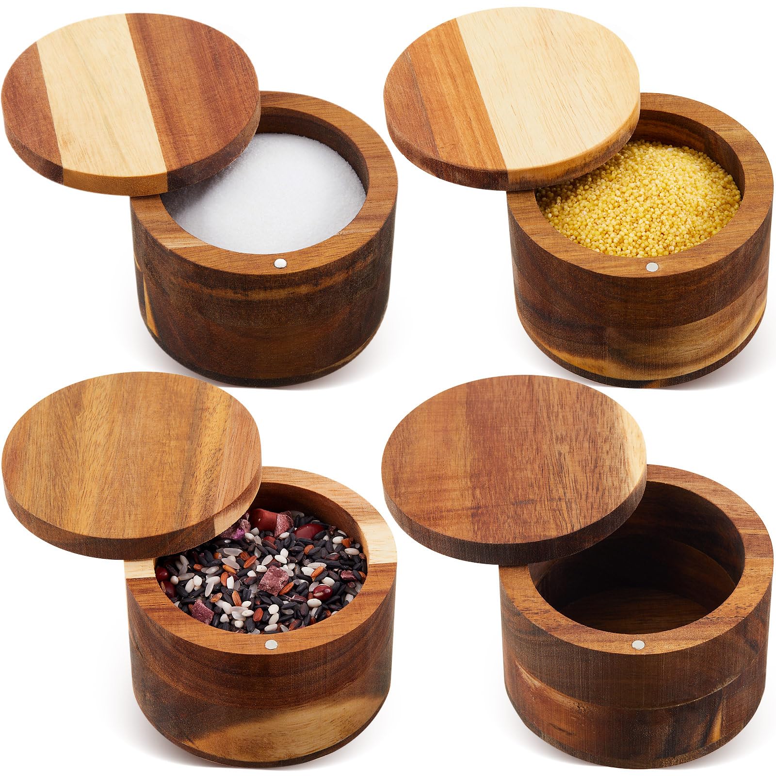 4 Pcs Acacia Wood Salt or Spice Box Acacia Wood Salt Cellar with Swivel Cover Salt Container Box with Lid Wood Jar for Kitchen Salts, Herbs or Seasonings, 3.5 x 2.5 Inches