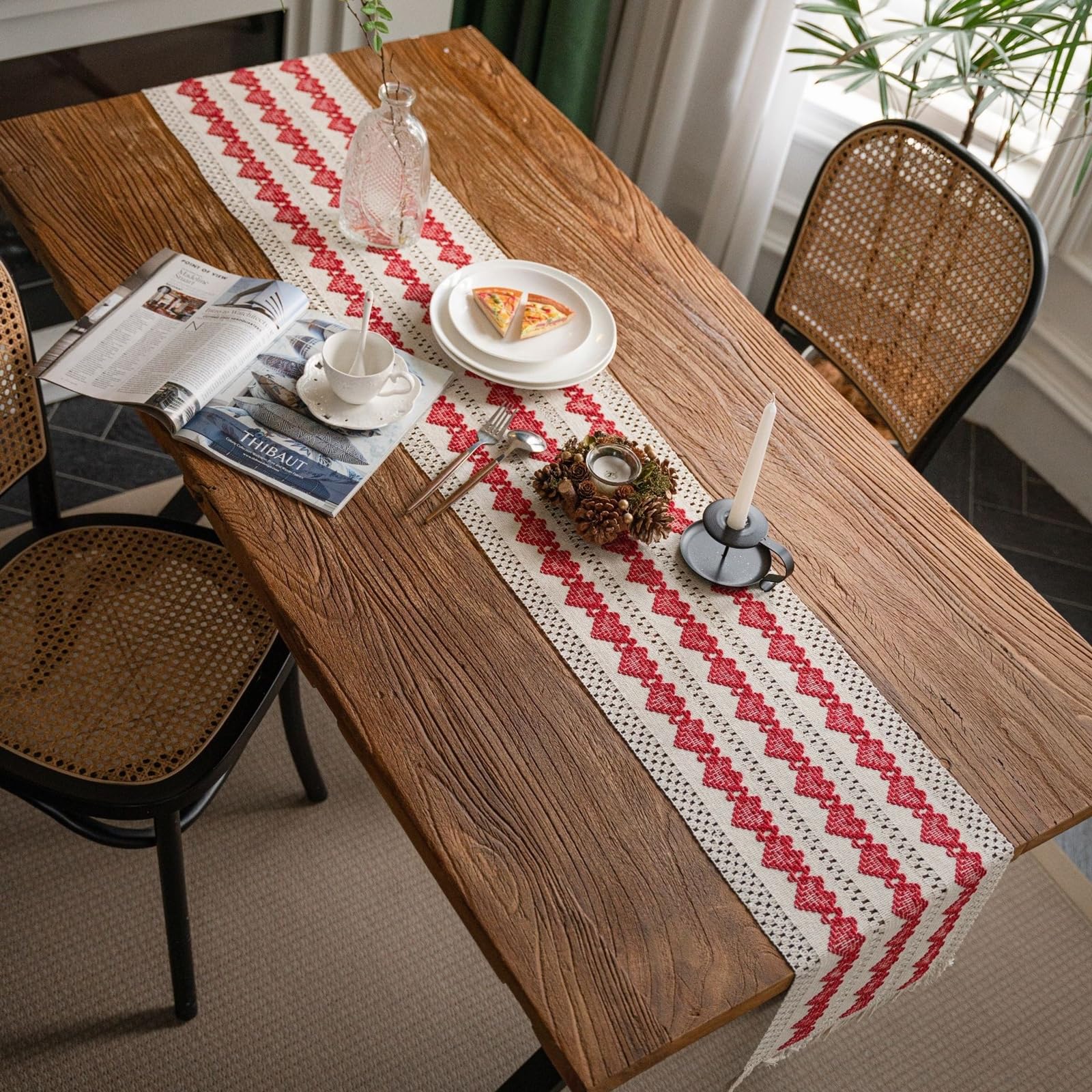 Tischläufer Baumwollleinen Wohnzimmer, Tischläufer Modern 30x275 cm, Gewebtes Rotes Herzmuster mit Quasten