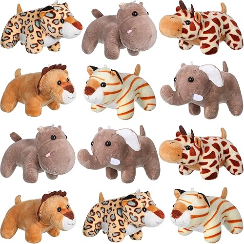 Juguetes de peluche de animales de la selva de 12 piezas de 4.8 pulgadas de peluche de elefante, león, jirafa y tigre para fiestas temáticas de