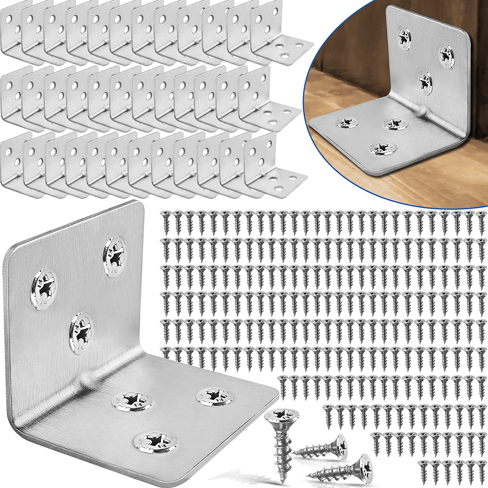 36PCS Stainless Steel L Brackets for Shelves with 216PCS Screws, Goihgioh Metal L Brackets for Wood Small Corner Brackets Brace, Heavy Duty Angle