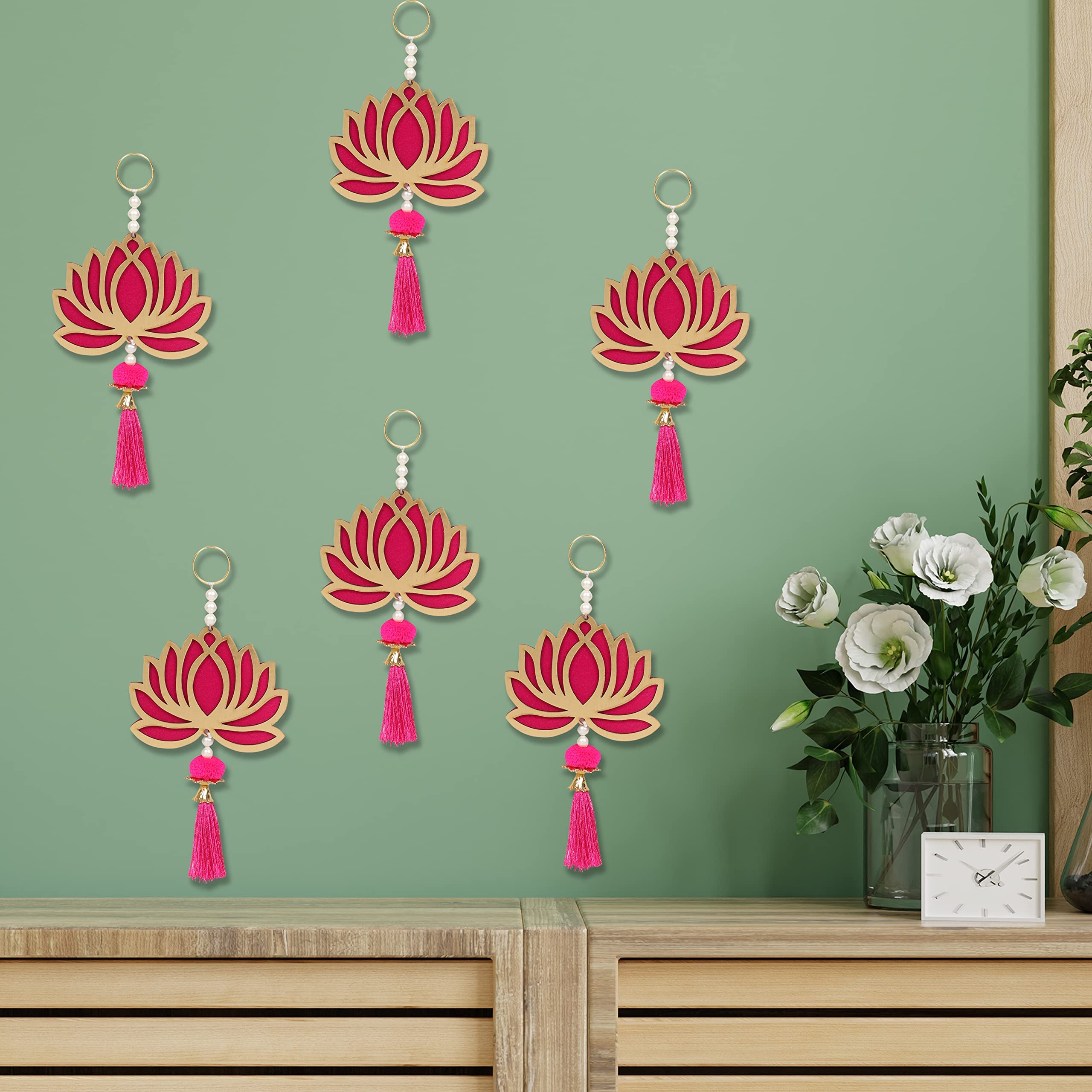 Kalakriti Lotus Hangings for Decoration Floral Wall Hangings for Temple Decor Pooja Room Decoration Items Back Dropper Showpiece for Home Decor (Pack of 6) (Medium) (Pink)