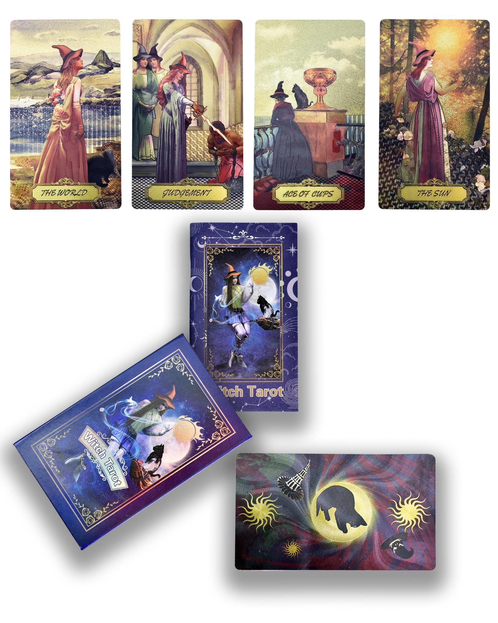YIMINGOUFEI Witch Tarot Cards with 50 Page English Guide Book, 78 Card Holographic PET Tarot Deck, Waterproof Wrinkle Resistant Fortune Telling Cards with Magenta Cat Back Design for Beginners