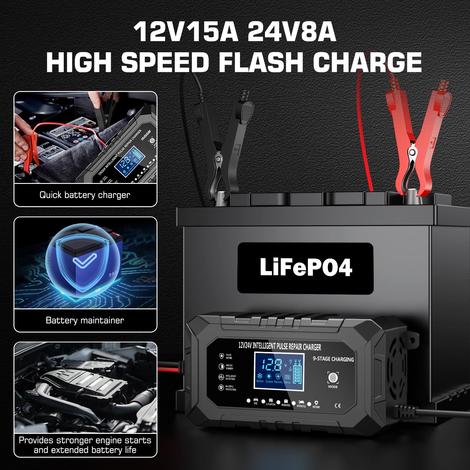 Husgw Ładowarka samochodowa 15A, przenośne ładowanie akumulatora samochodowego LiFePO4 12V/24 V, 9-stopniowa inteligentna ładowarka do konserwacji, wielokrotne zabezpieczenia, odpowiednia do samochodu