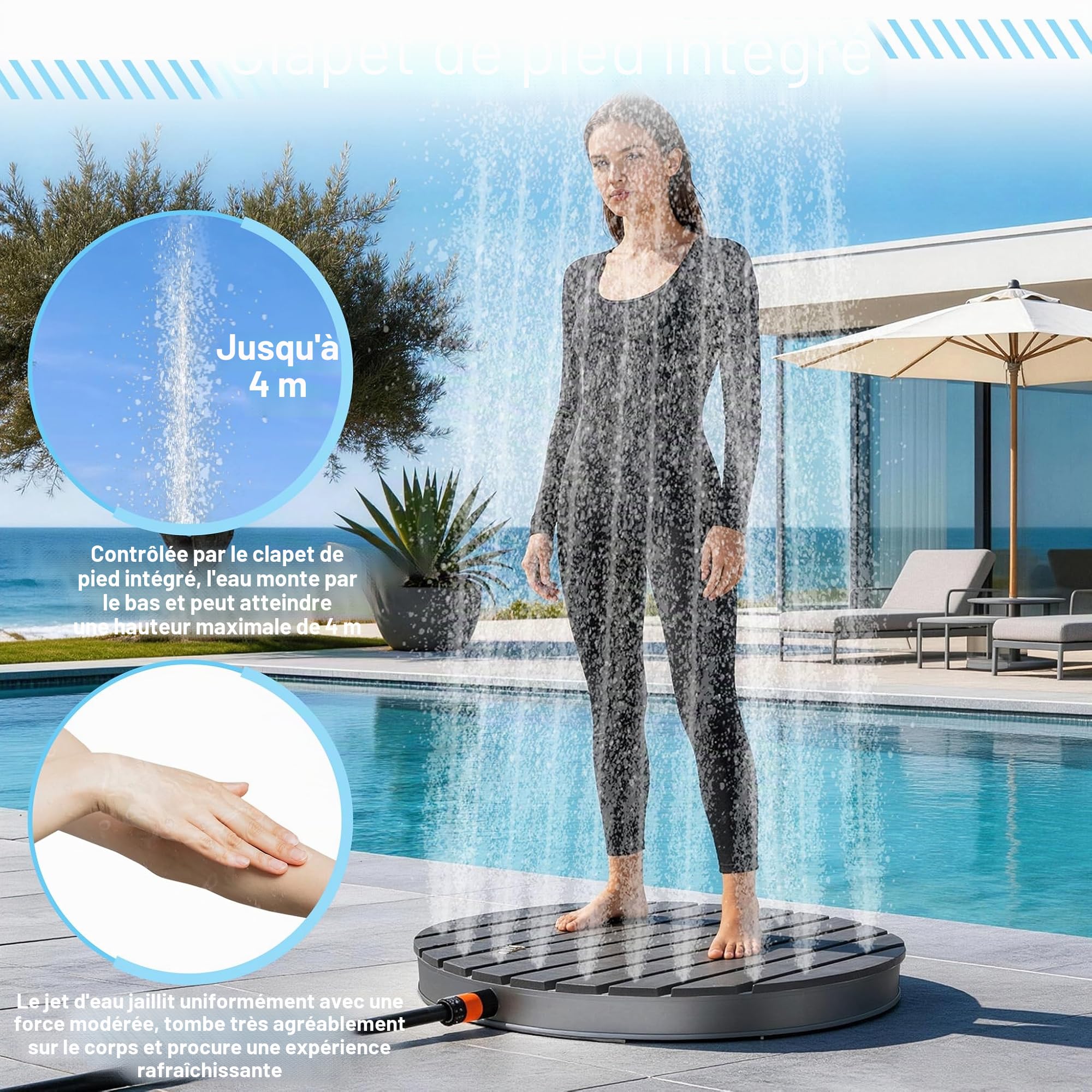 UISEBRT Douche de jardin en WPC et aluminium - Douche au sol mobile Douche solaire Douche de camping - Hauteur de jet jusqu'à 4m réglable - pour piscine Jardin Terrasse (Rond - Anthracite)