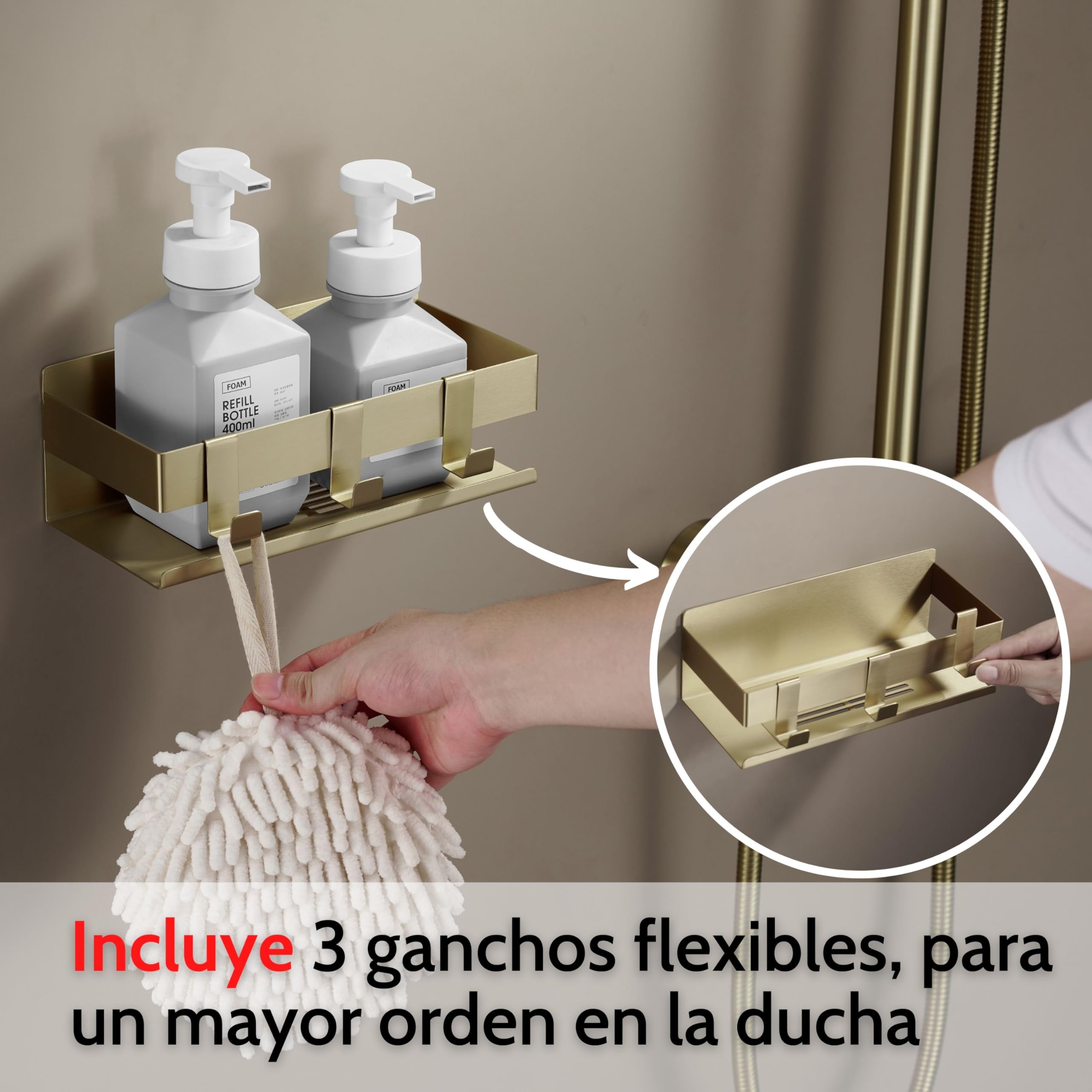 DEKAZIA® Estante de Ducha Dorado Sin Agujeros, Accesorio para Baño Sin Taladrar | portashampoo, estantes dorados, adhesivo, accesorios, acero inoxidable, estante