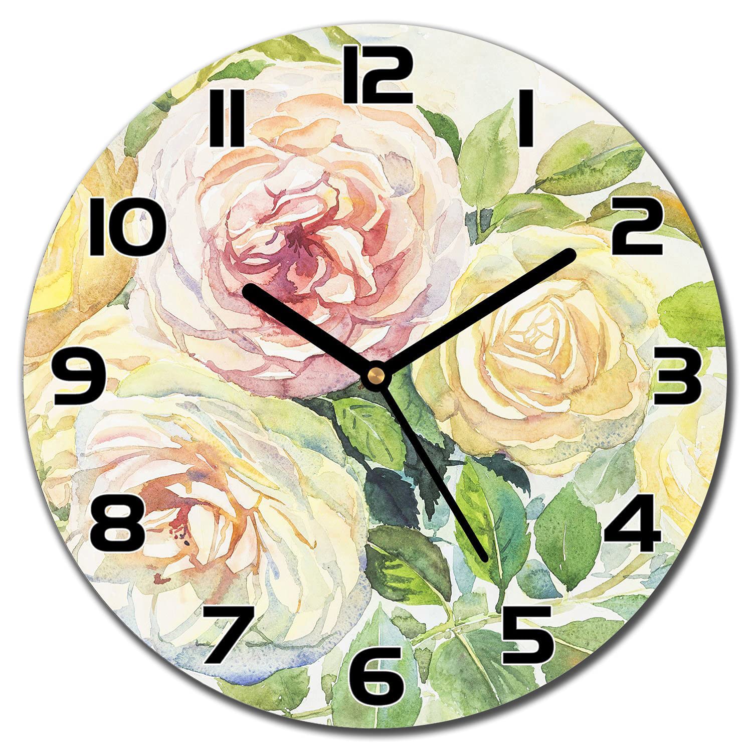 Horloge murale cuisine salon verre fleurs roses florales design moderne 30 cm