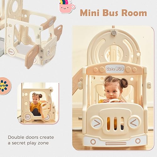 Miniatura 6 de Juego de columpio y tobogán para niños pequeños con aro de baloncesto para interiores y exteriores, con estructura de juego de autobús para bebés,