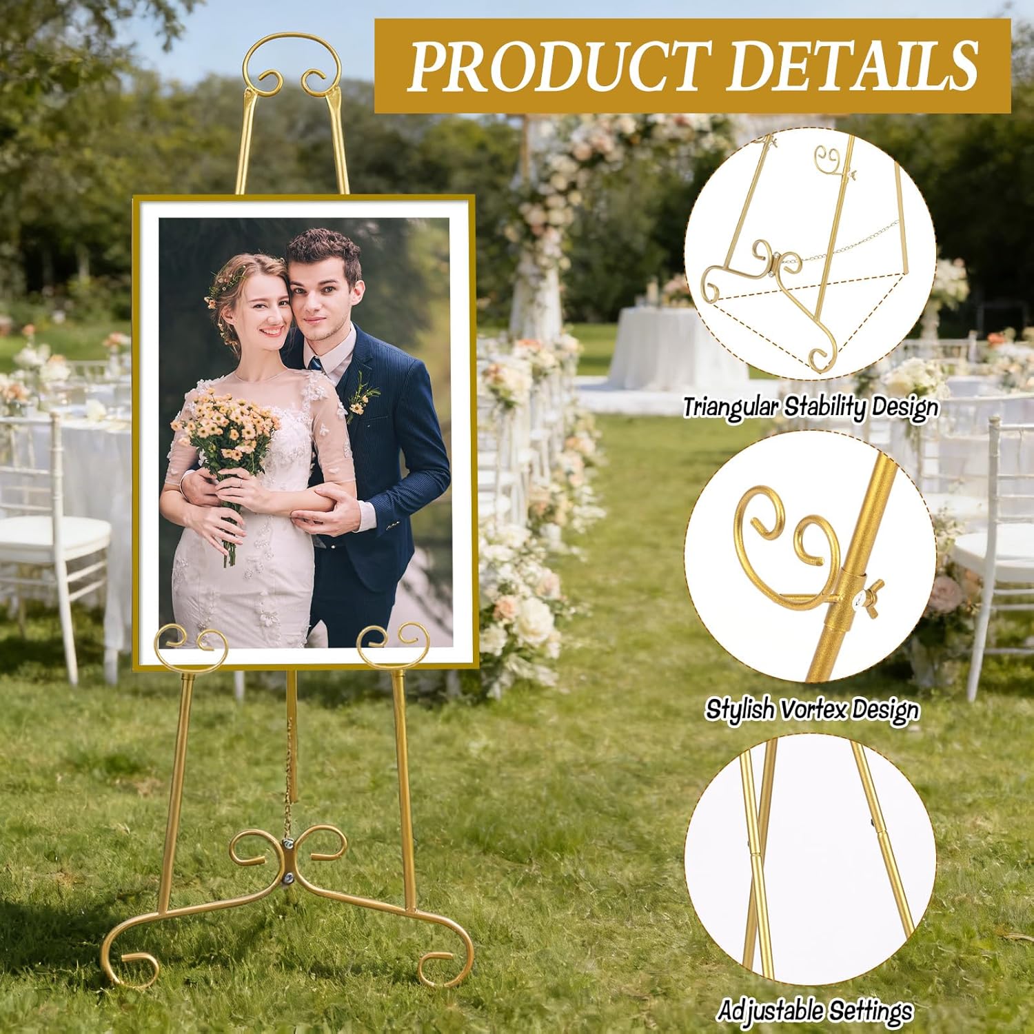 Gold Easel Stand for Sign, Round Tube Scroll Display Easel, Vintage Metal Floor Stand, Adjustable Chain Easel for Wedding Sign, Artwork, Pictures & Commercial Use