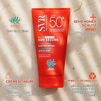 SVR - Sun Secure Blur Teinté SPF50+ Tinted Foam Cream with Optical Blur Effect - Protection of UVA UVB Infrared and Visible Light - Sensitive Skin - Niacinamide Vitamin E - 50 ml