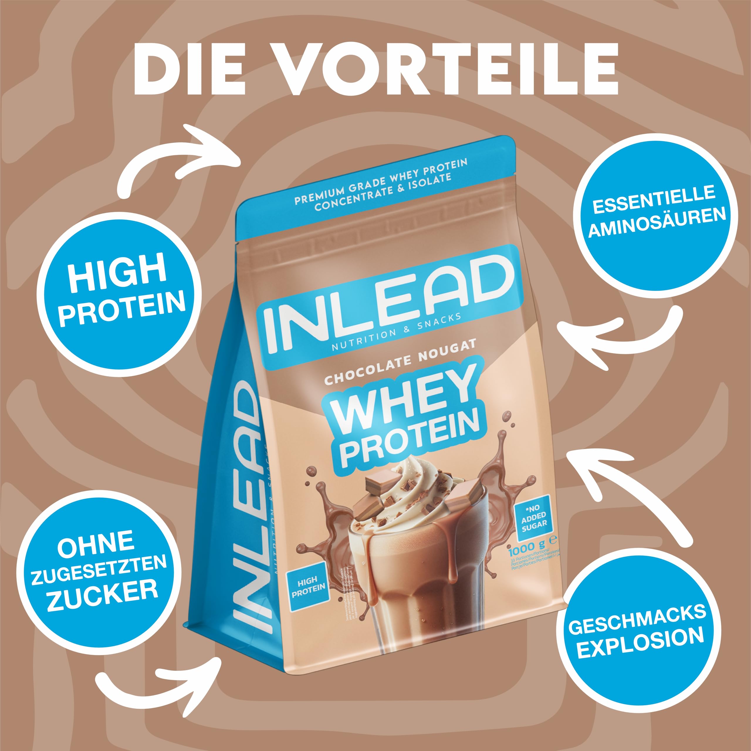 INLEAD - Whey Protein | Hochwertiges Eiweiß für Muskelwachstum und schnelle Regeneration | Ohne Zuckerzusatz - 1000g (Chocolate Nougat)