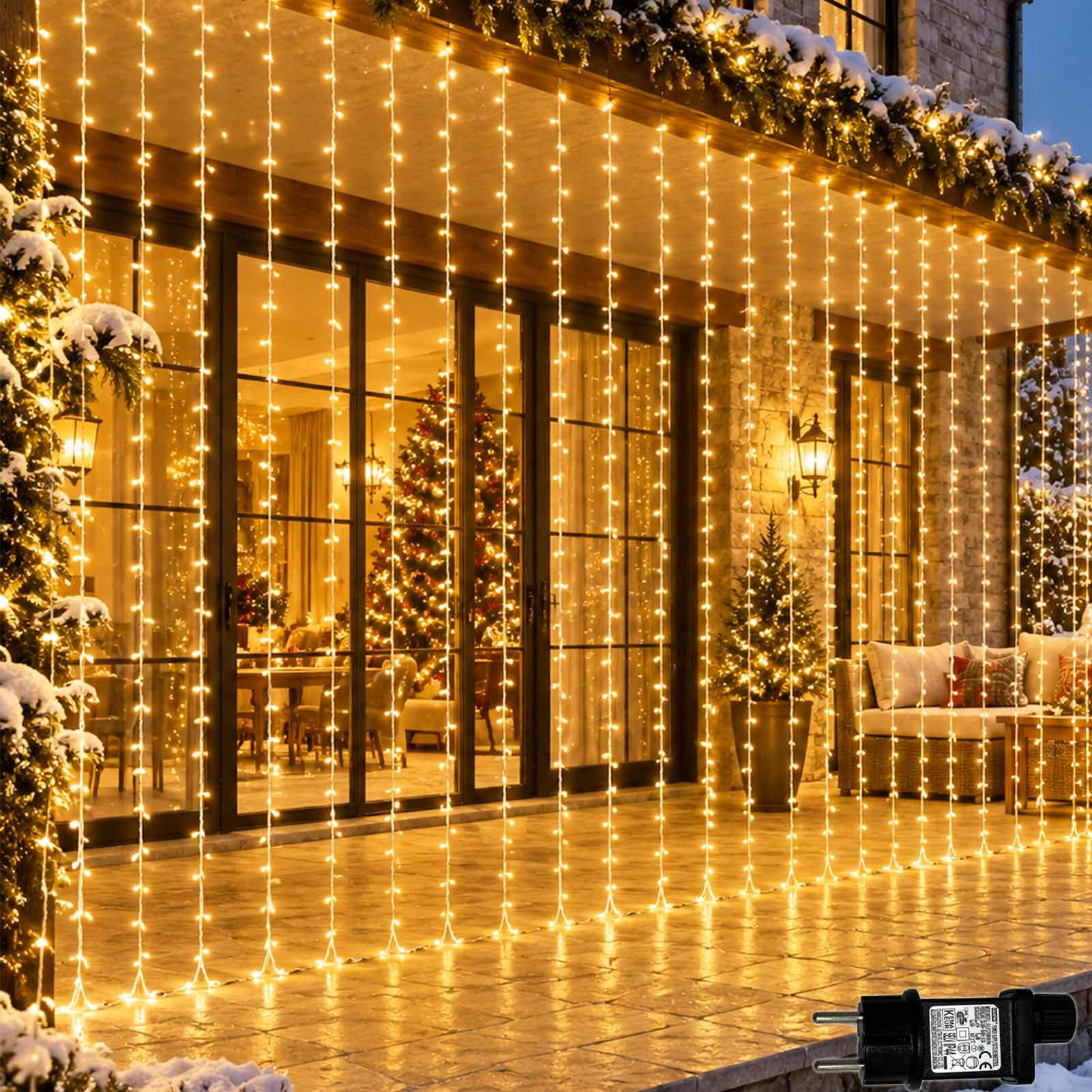 Lichtfam Tenda Luminosa Esterno, 3m x 3m 300 LED Cascata Luci di Natale | 8 Modalità, Timer, Impermeabili, Collegabili, Spina, Luci Esterno Natale per Interno Casa Finestra Balcone Giardino Terrazzo