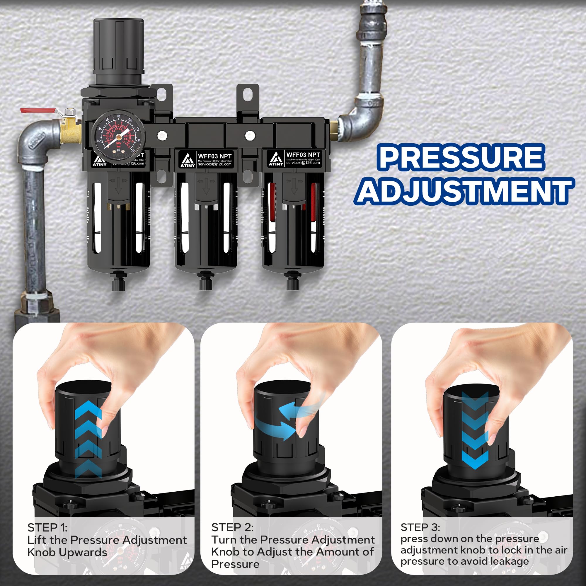 3/8 Zoll Dreifach-Luftdruckregler für Spritzpistolen und Pnuematikwerkzeuge, 5 & 0,5 & 0,01 Mikron Filter Wasserabscheider, halbautomatischer Abfluss, Metallhalterung, Schwarz