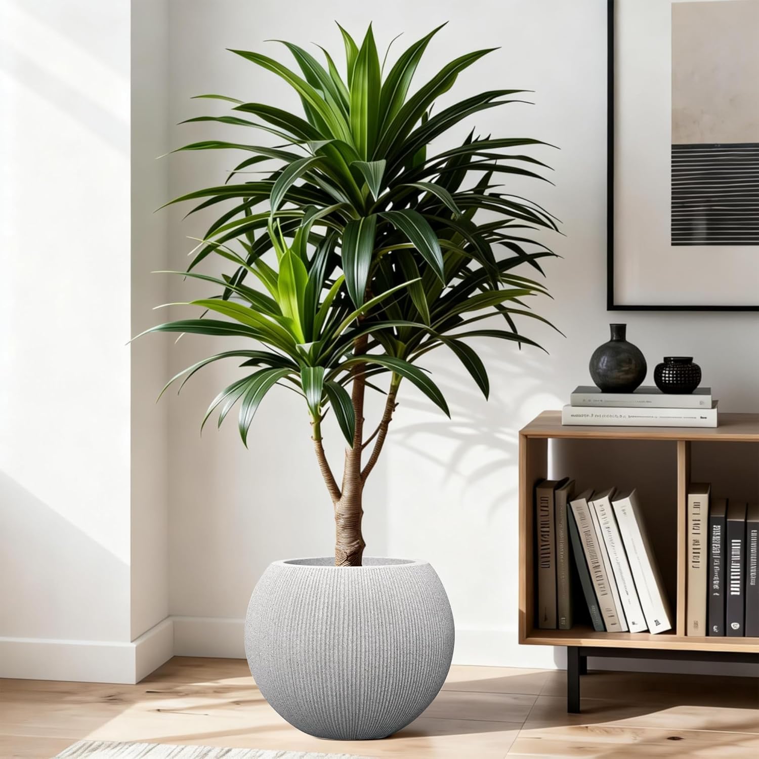 14.5"Dia Large Gray Round Plastic Planter with Drainage Hole & Plug, Textured Lightweight Plant Pot, Shatterproof & UV Resistant for Indoor Outdoor Patio, Modern Decor (11.8"H x 8.9" Opening)