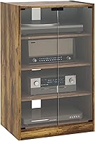 HOMCOM 4-Tier Media Cabinet Stereo Stand with Vinyl Storage, Adjustable Shelves, Tempered Glass Doors, Cable Management - Rustic Brown