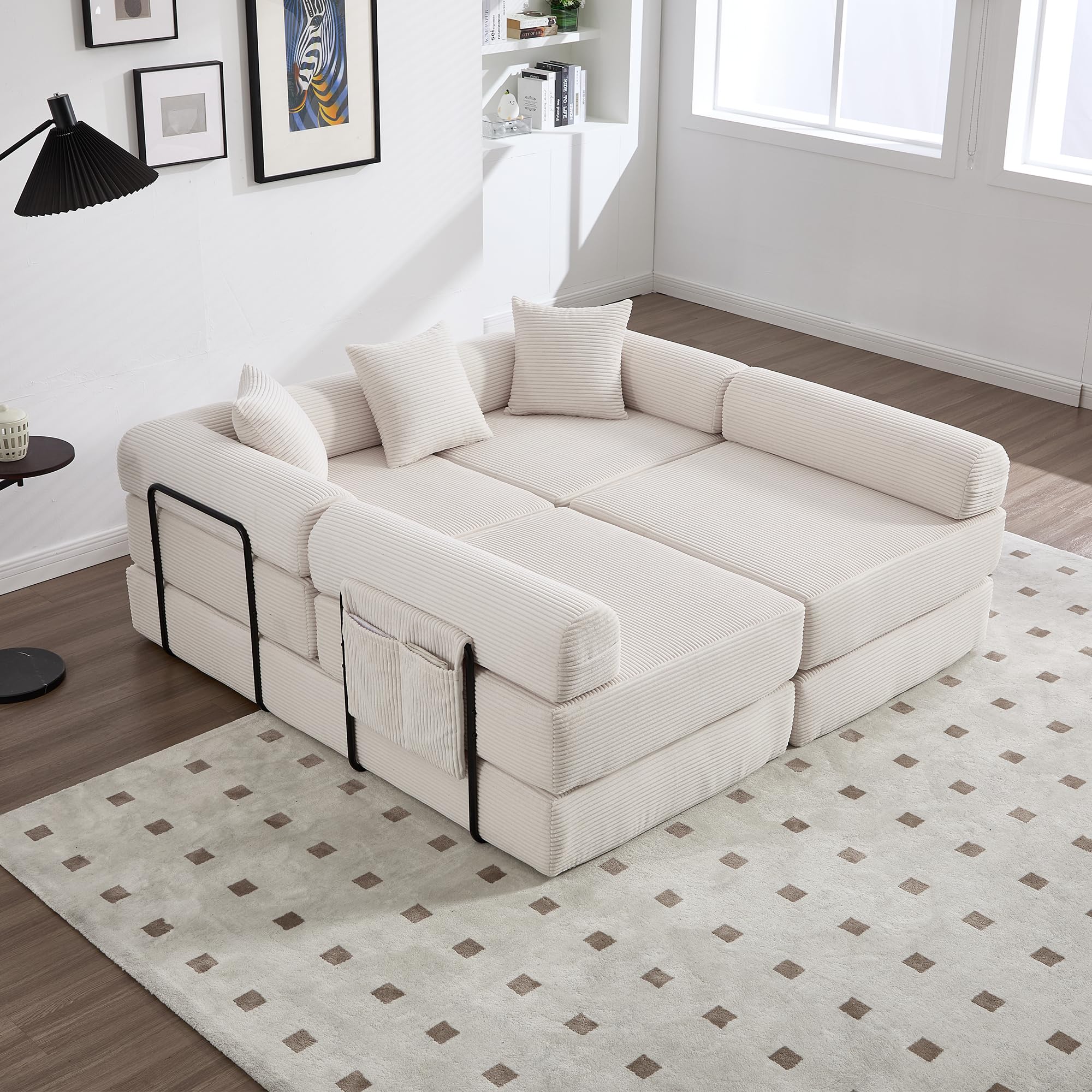 Lubvtti Sofá cama de 3 plazas con bolsillos laterales más 3 cojines, estructura de metal resistente, sofá modular plegable de compresión, sofá de 3 plazas de terciopelo acanalado (B-beige + 5 plazas)