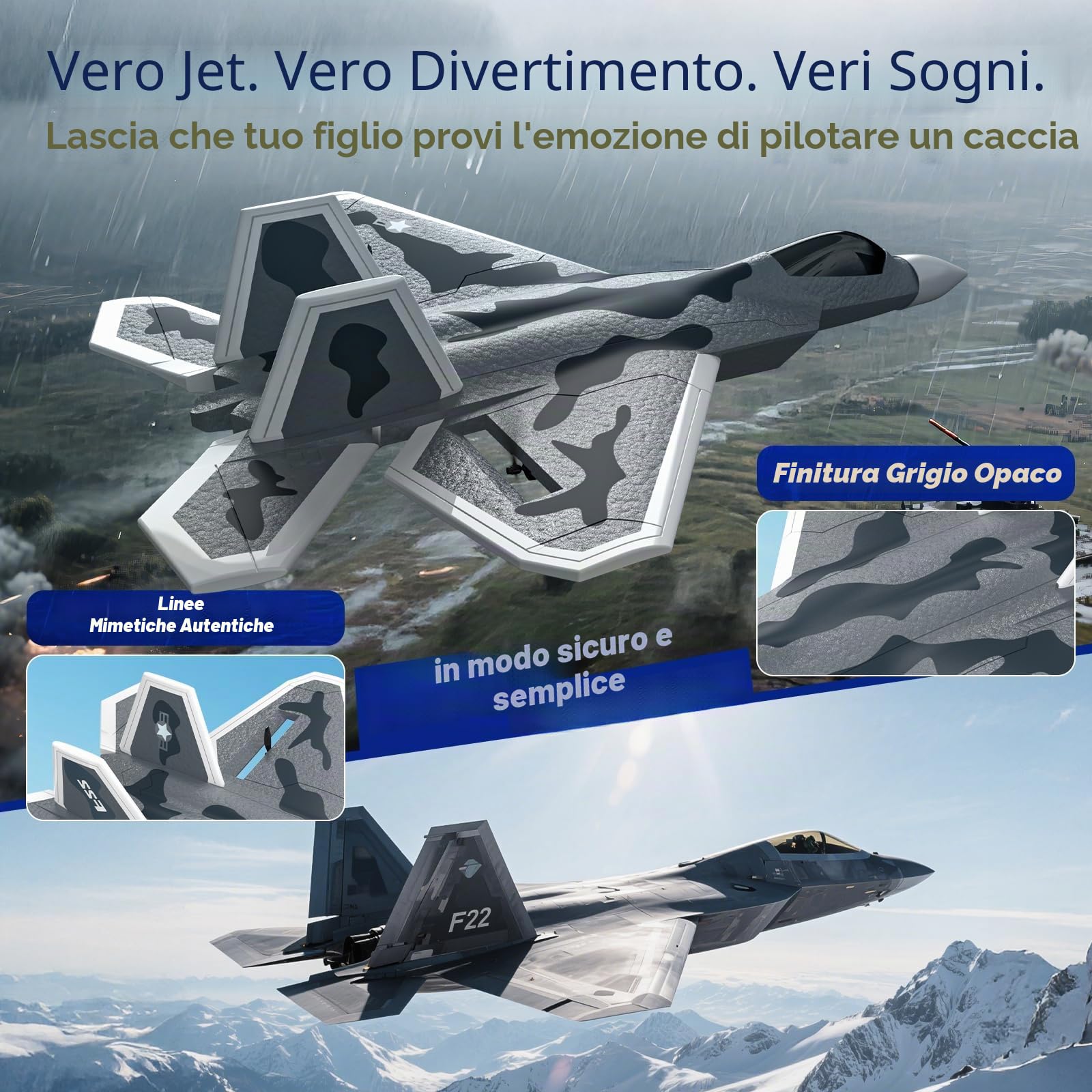 DEERC 2CH F22 Avione telecomandato Raptor con luci, aereo da caccia telecomandato, aliante RTF con stabilizzatore giroscopico a 6 assi 2,4 GHz, con 2 batterie, facile da pilotare per bambini