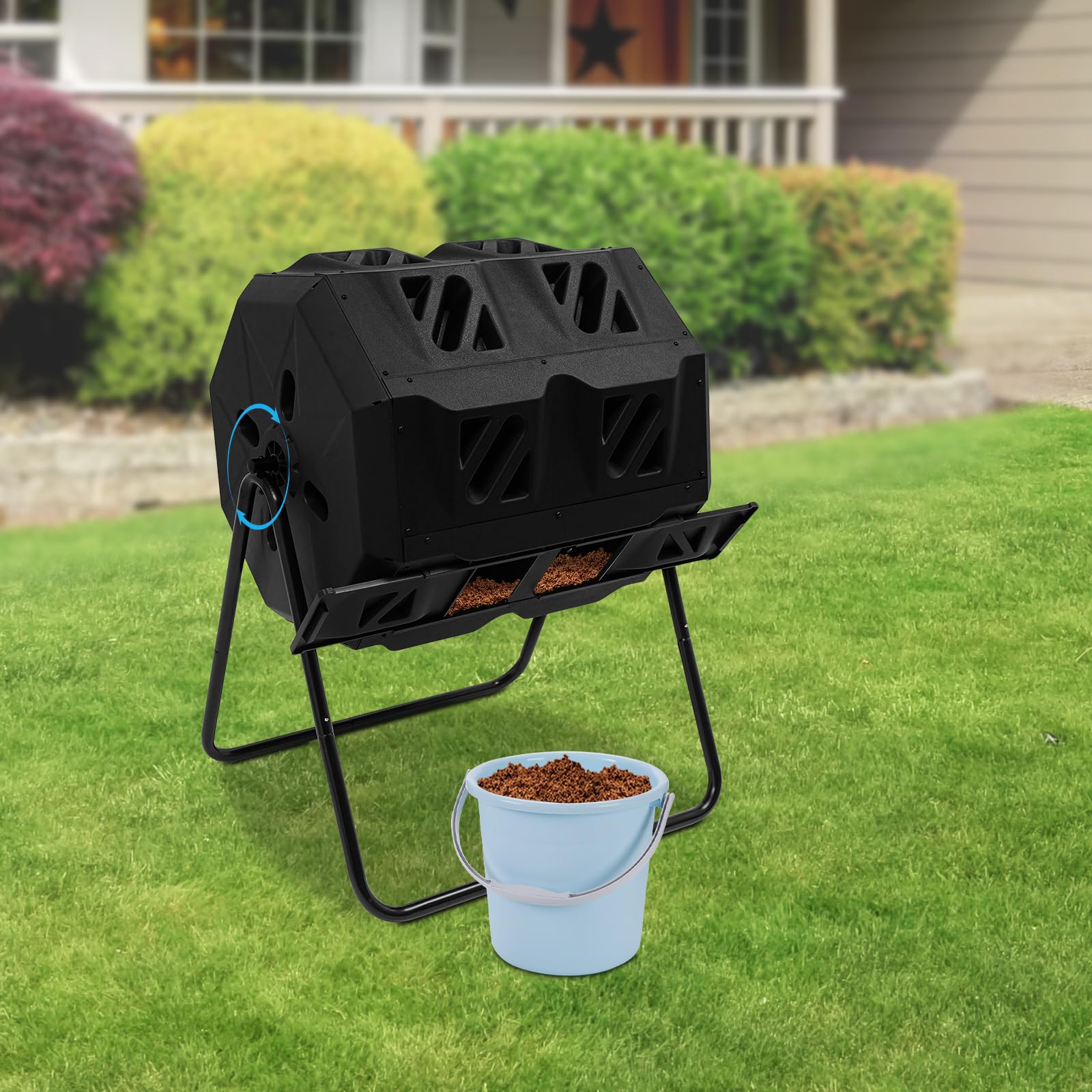 Composteur rapide de jardin réversible 160 l en polypropylène avec 2 chambres et cadre anti-rouille – Production rapide d'engrais bio pour jardin/cuisine