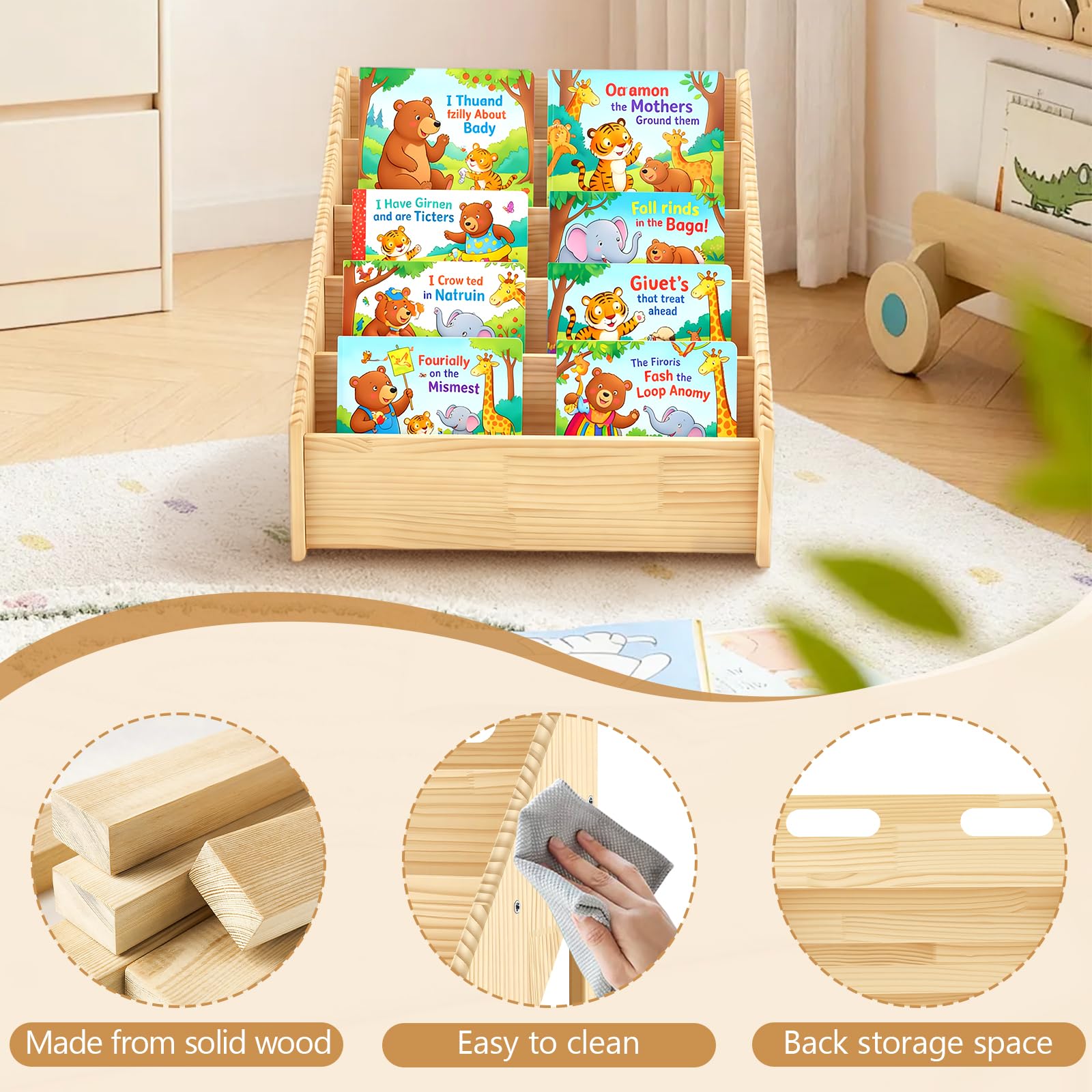 Scaffale Montessori per Bambini, Libreria a 4 Ripiani Orientata Verso l’Anteriore, Scaffale Retro Pratico Contenitore, in Legno di Pino Stabile, per Soggiorno, Bambini 41,9x30,4x41,9cm