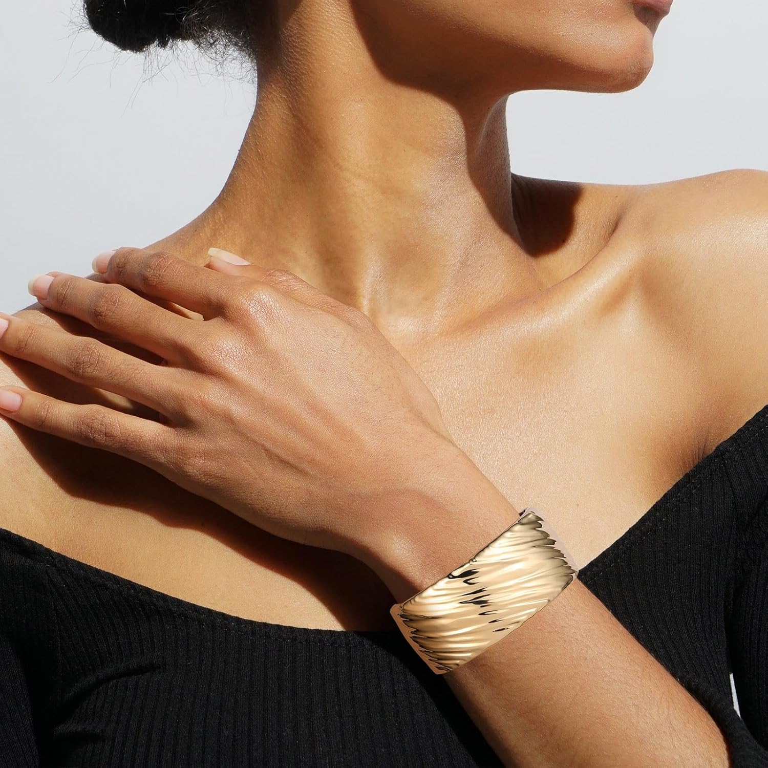 HZMAN 18K Gold Plated Wide Cuff Bracelet for Women - Premium Alloy Shiny Polished Double Layer Statement Bangle, Trendy Daily Wear Party Jewelry Accessory - Image 3