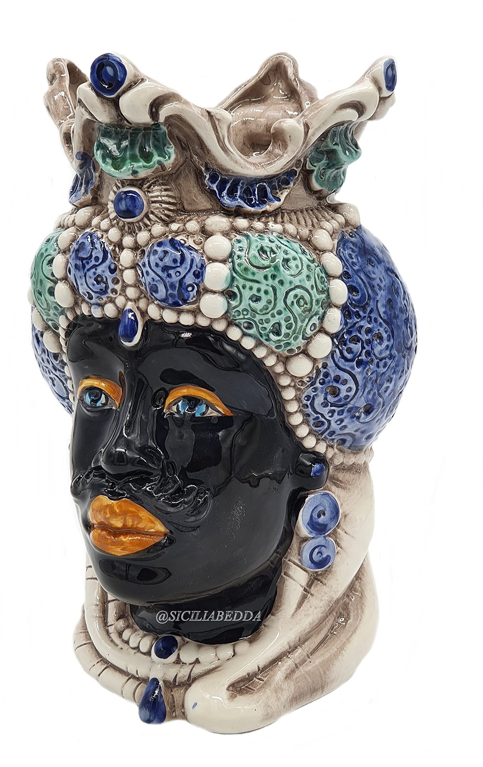 sicilia bedda - Teste di Moro Siciliane in Ceramica di Caltagirone - Realizzato Interamente a Mano - Altezza 18 Centimetri (Testa di Moro Saraceno Blu)